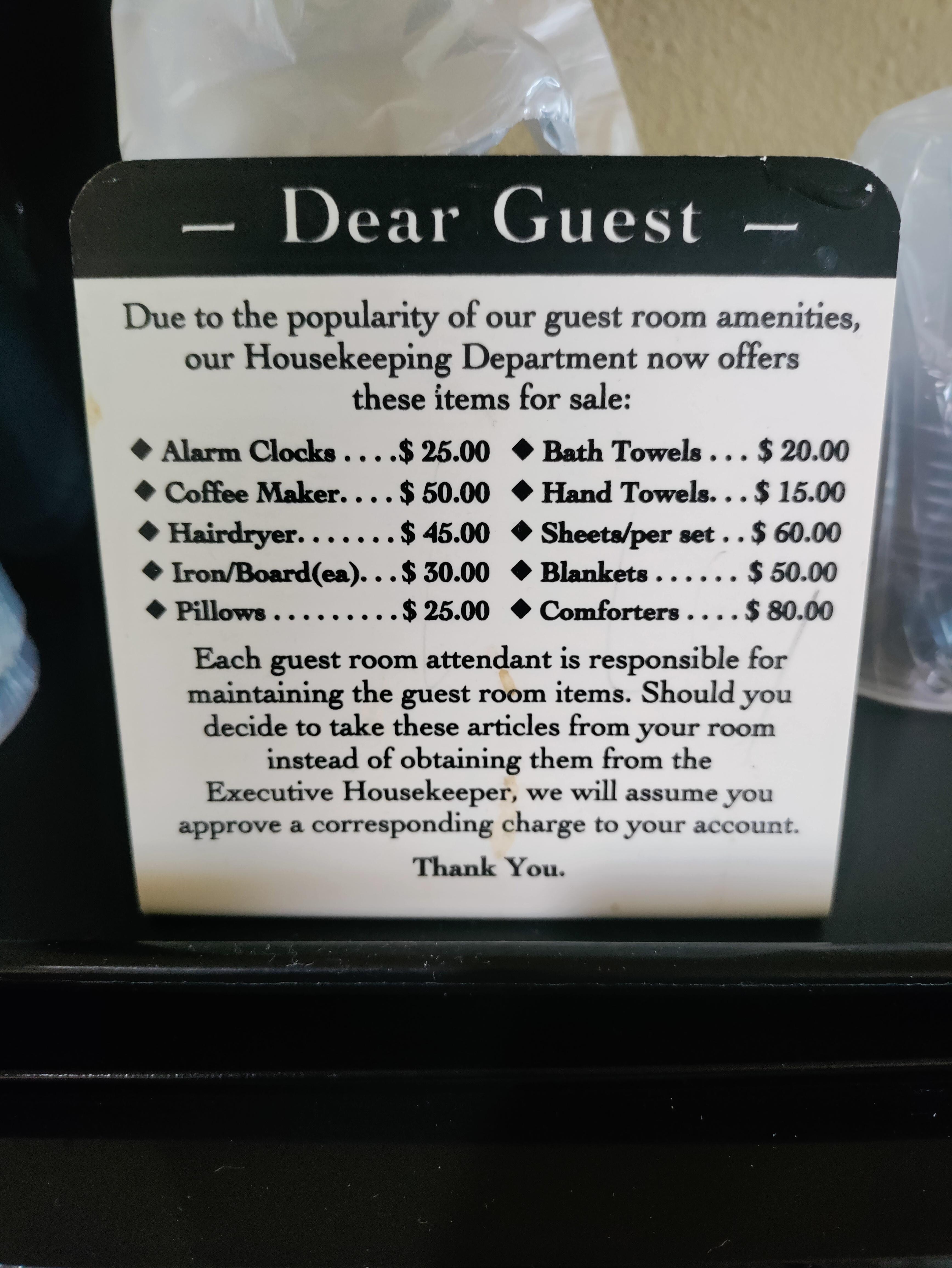 Absurd price list to cover up scamming.