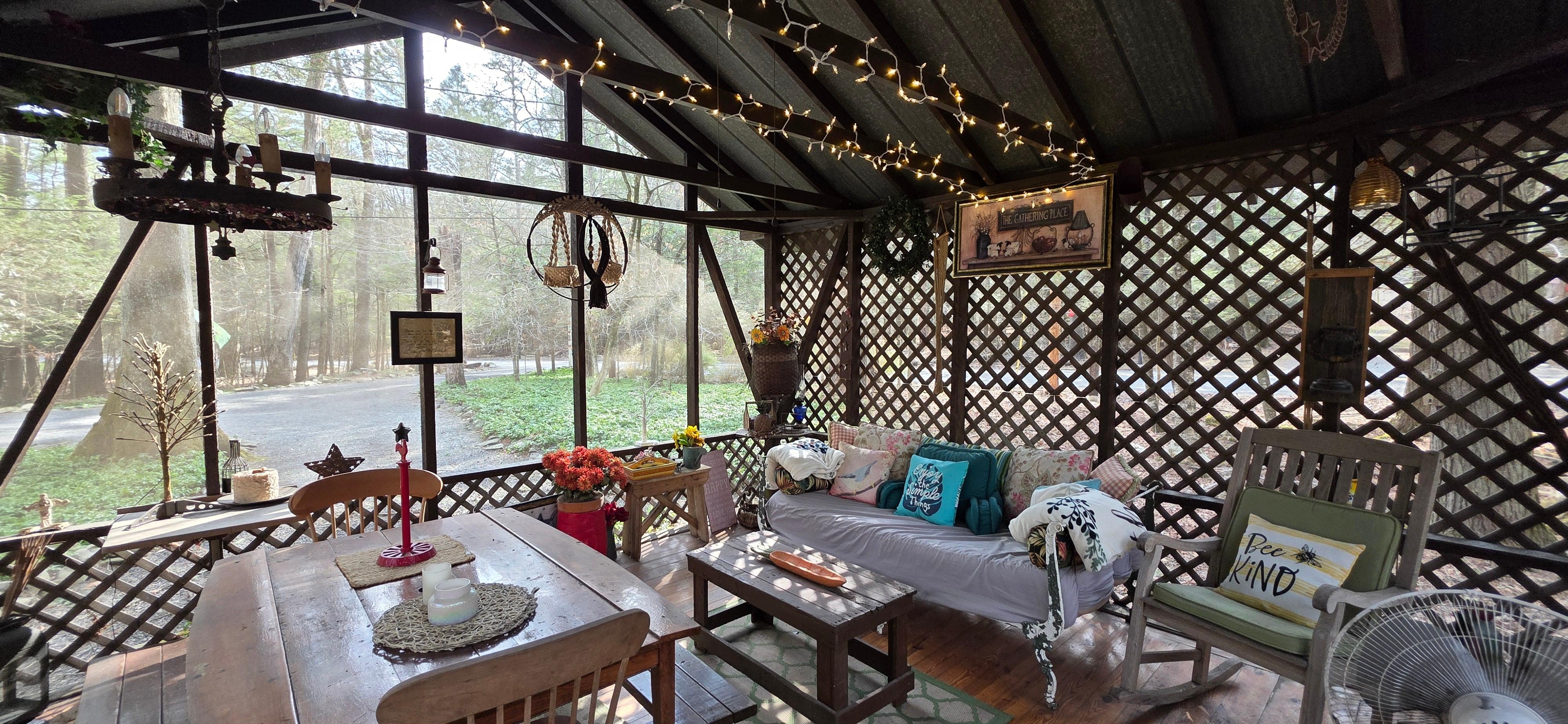 The covered and screened-in patio is such a beautiful, cozy spot to escape to. 
