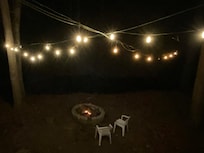 Fire pit & deck has party lights