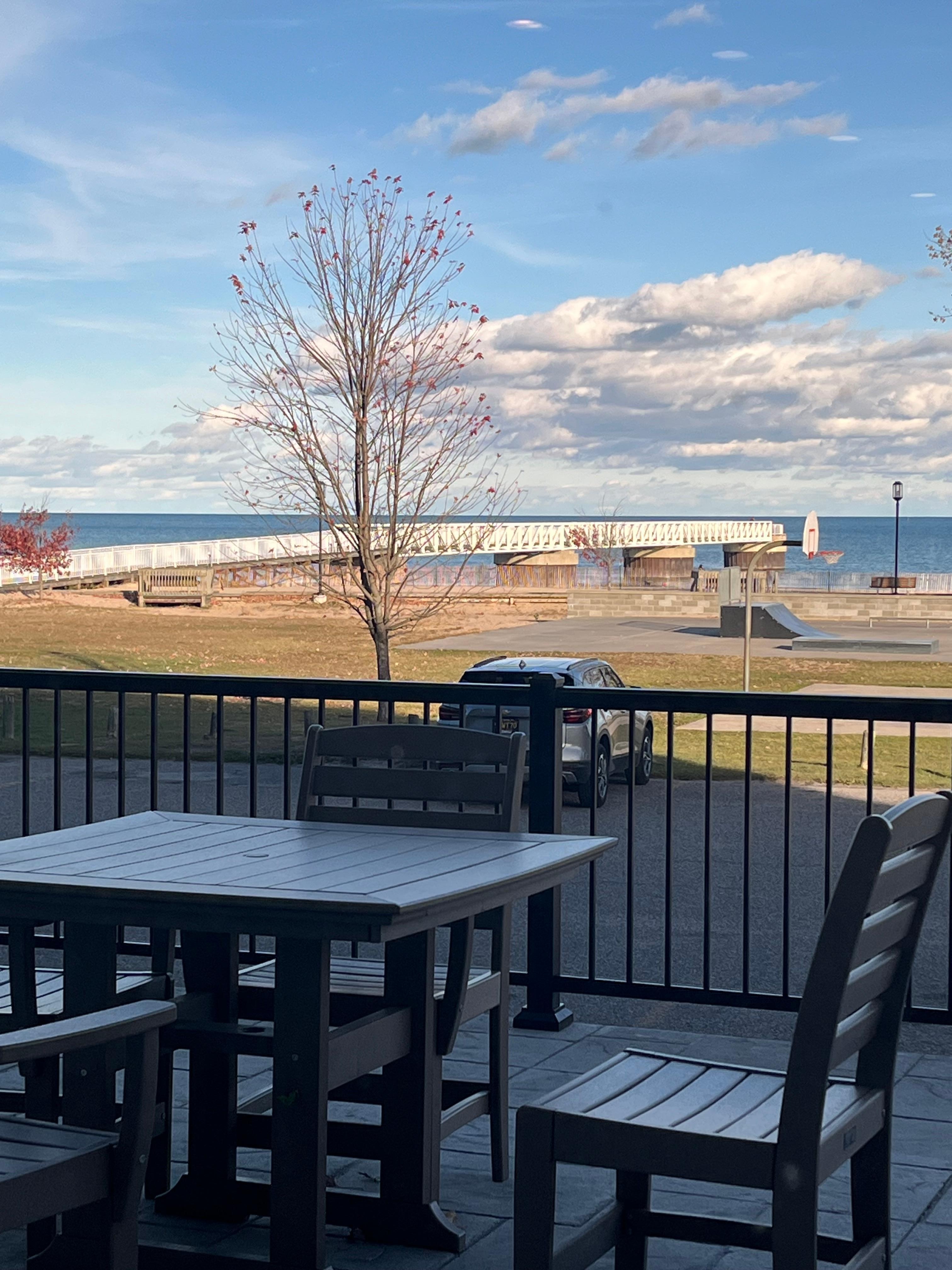 Back view from hotel of lake Huron including pier