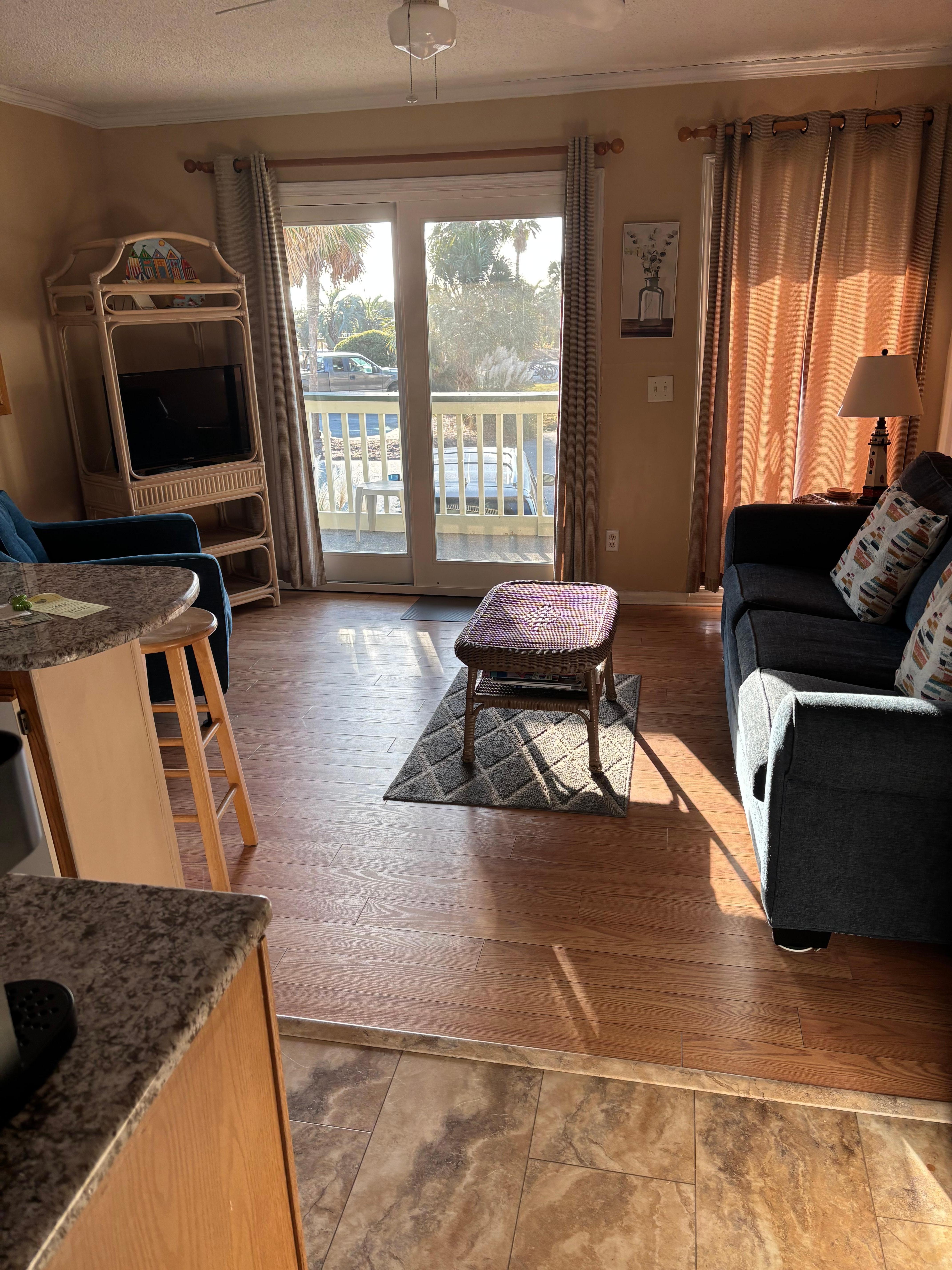 Looking out towards the balcony.