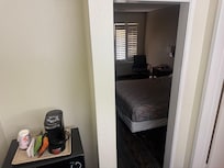 Picture of coffee maker, microwave, and they are on top of a small fridge with small freezer in it. Bed was immaculate, room was spotless as picture demonstrates.