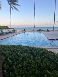 Heated pool, right on the water. Gorgeous. There is also a small, but very nice, workout building.