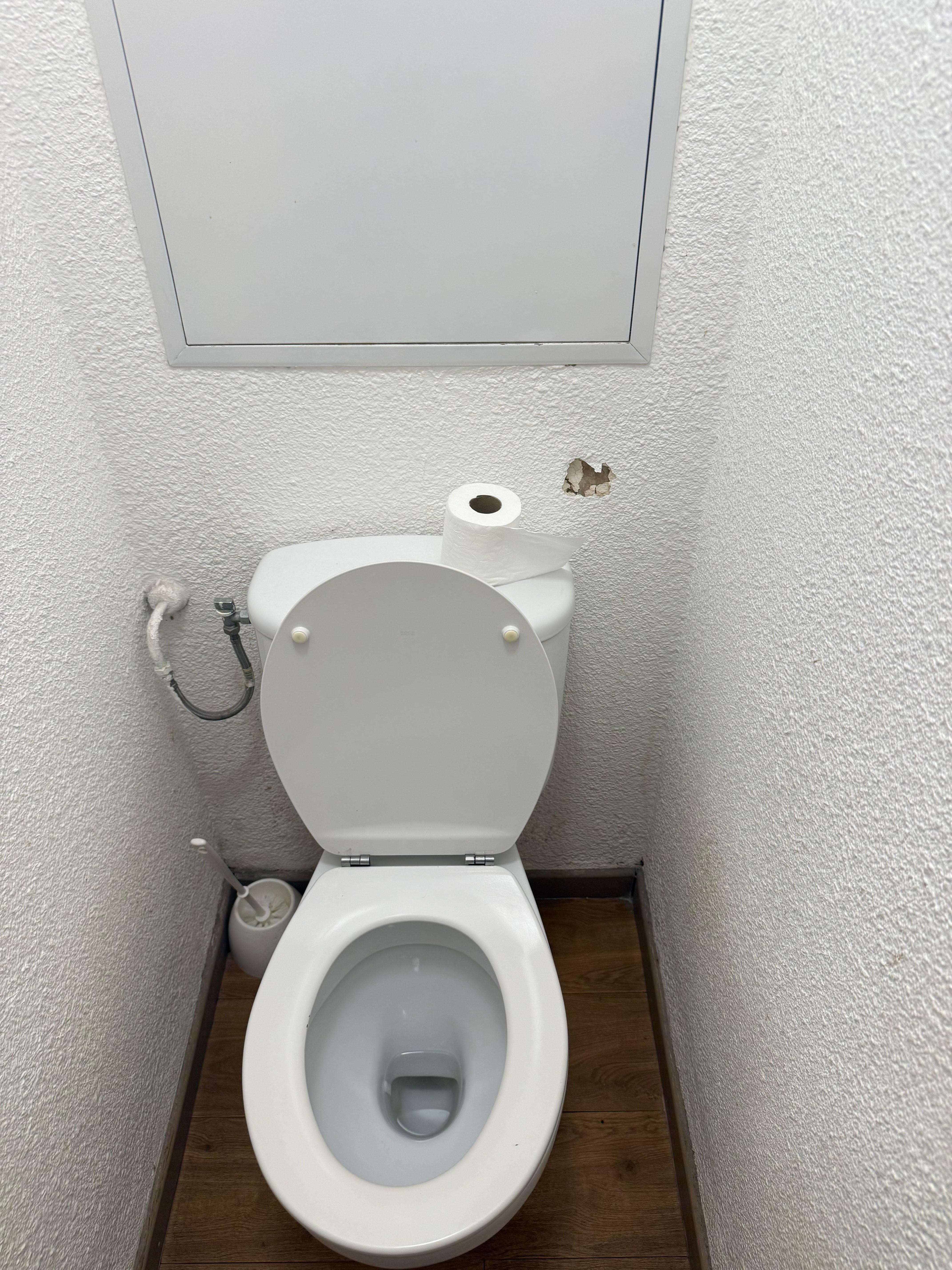 Open the bathroom door and smells like urine. Immediately.
