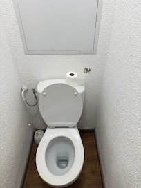Open the bathroom door and smells like urine. Immediately.