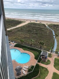 View of pool from balcony.