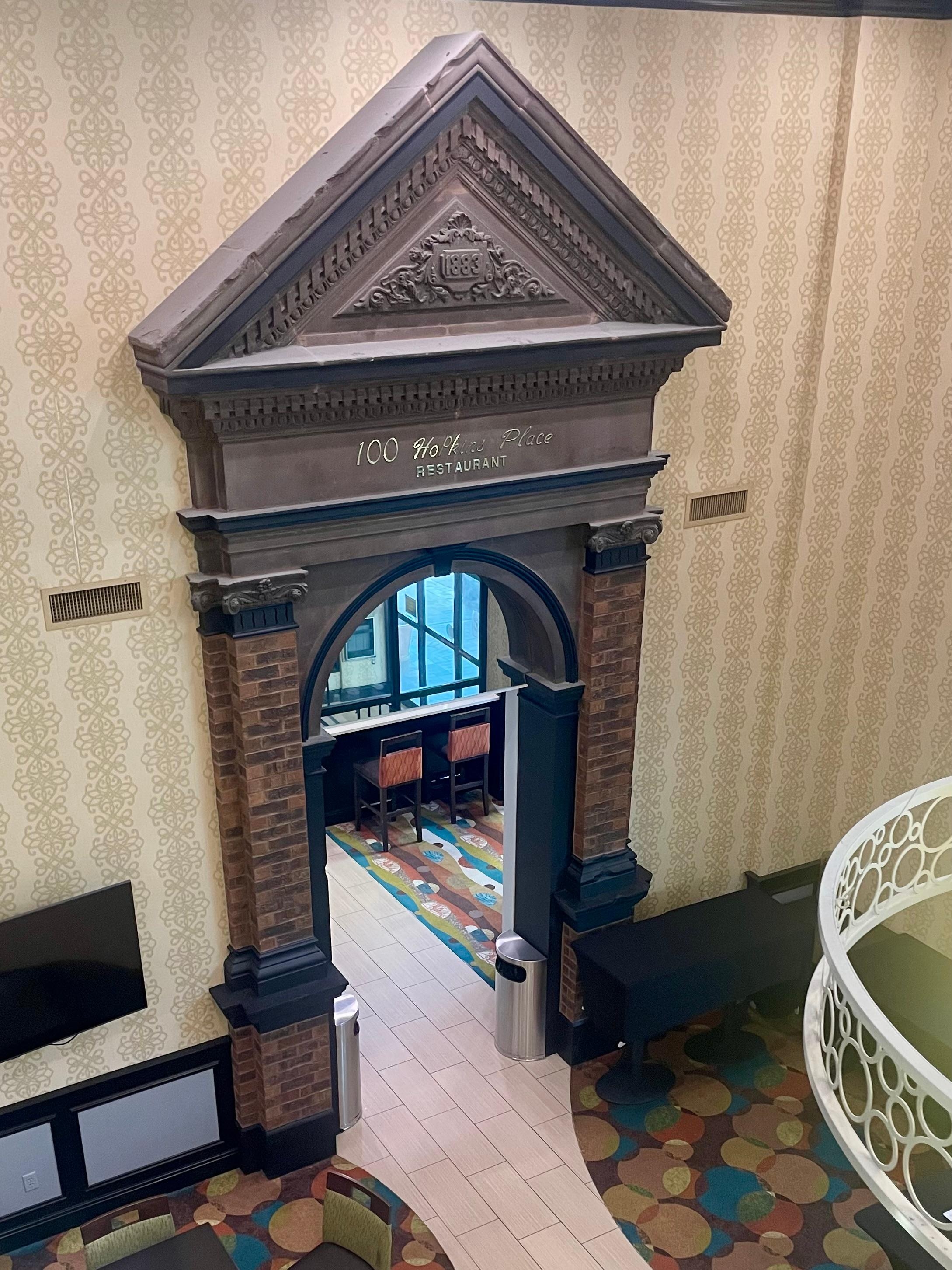 This archway was saved from the bank building that was previously on the property built in 1883. 