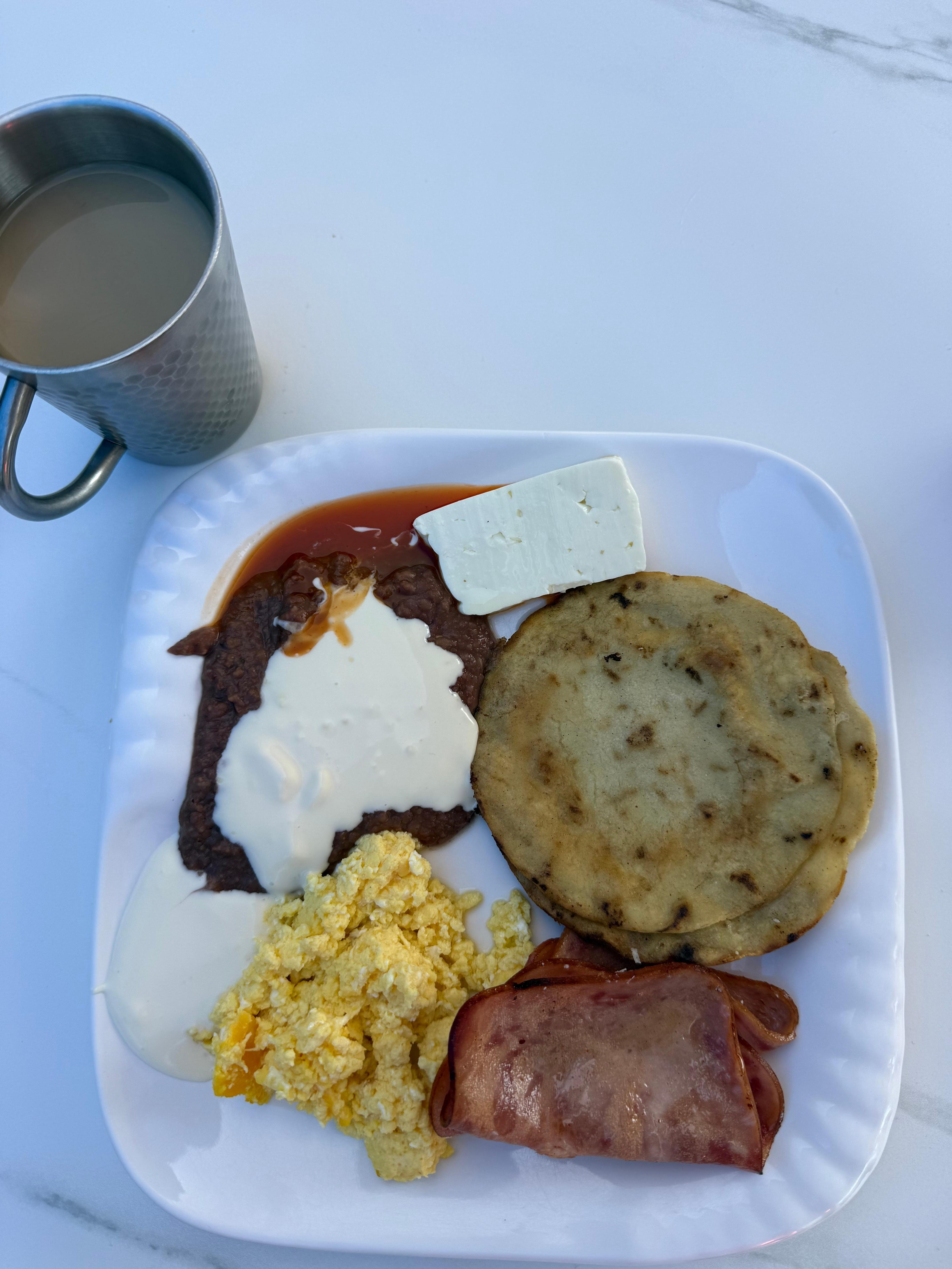 Breakfast from the breakfast buffet. Other items like yogurt, cereal oatmeal, fresh fruit and breads not pictured