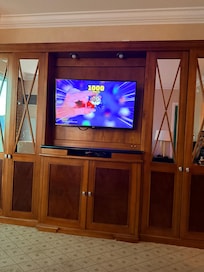 TV in living room with drawers and cabinets