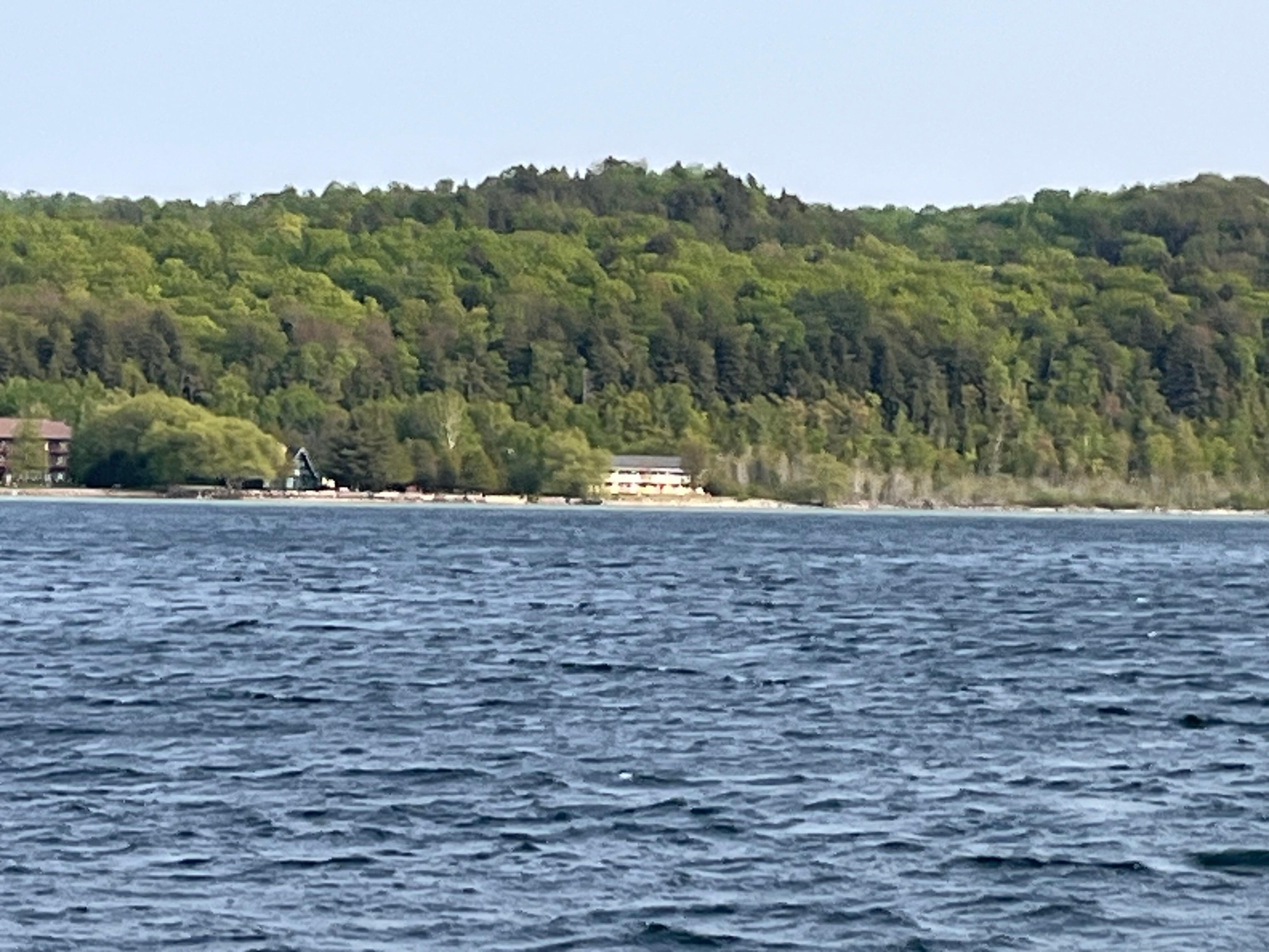  Ire of the hotel from out in the lake while taking a boat out to Pictured Rocks
