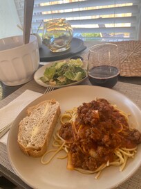One of the nice meals we made in the well-equipped kitchen.