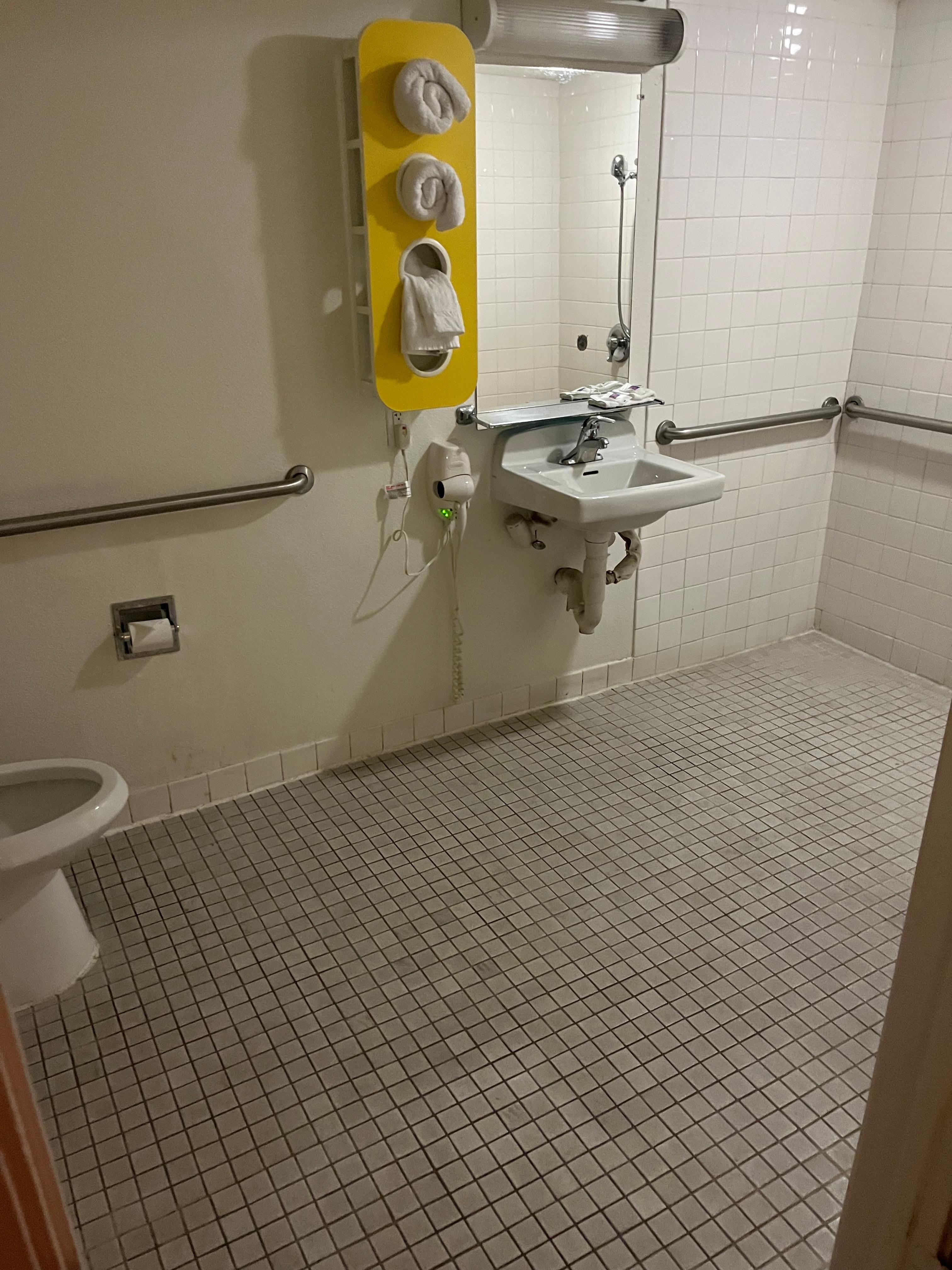 The shower is on the wall opposite the toilet which shares the same floor. Very dated and cheap everything in the room.