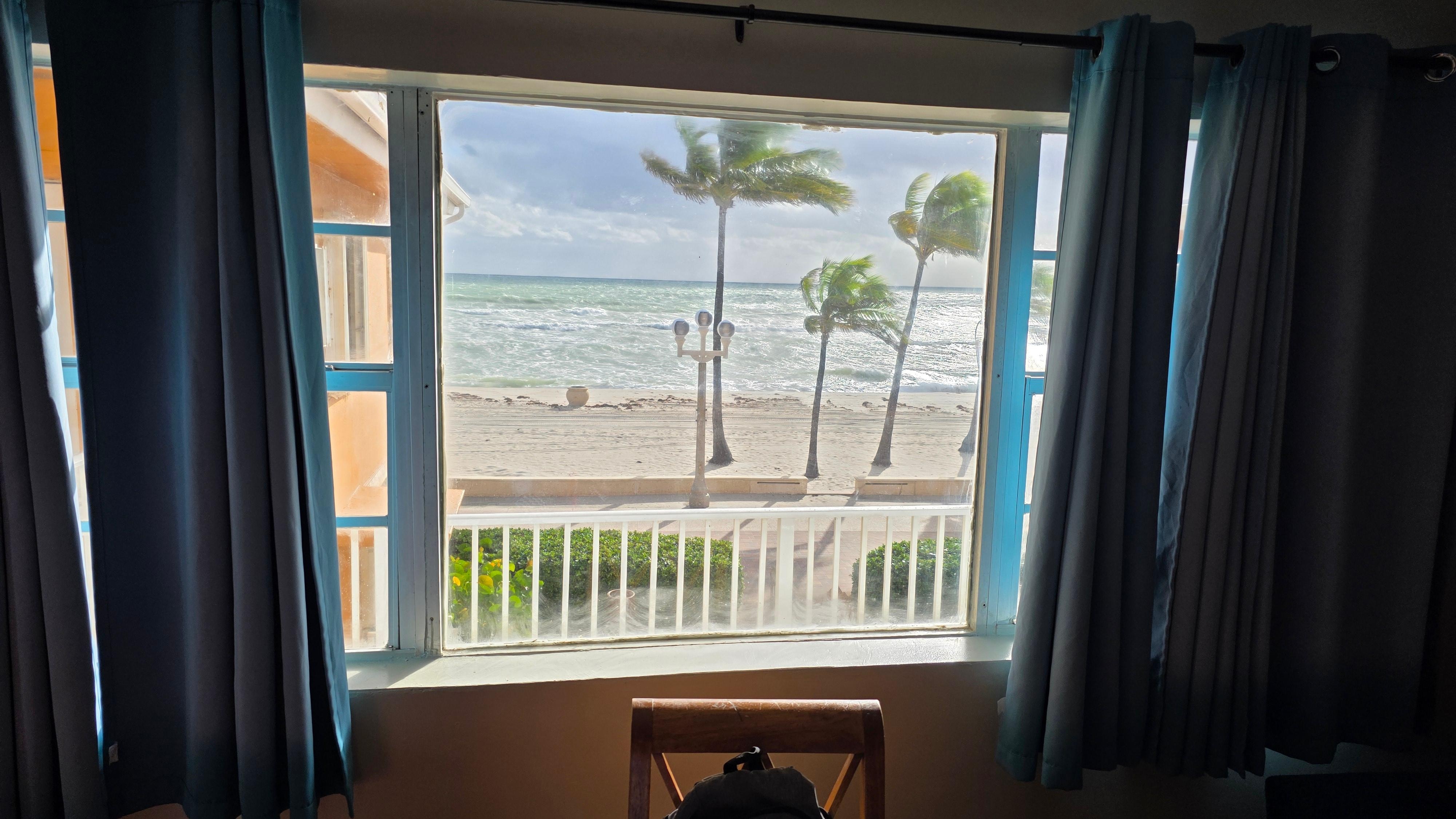 View from living room in room #27 after cleaning the windows with a rag and some alcohol that was provided by the office.