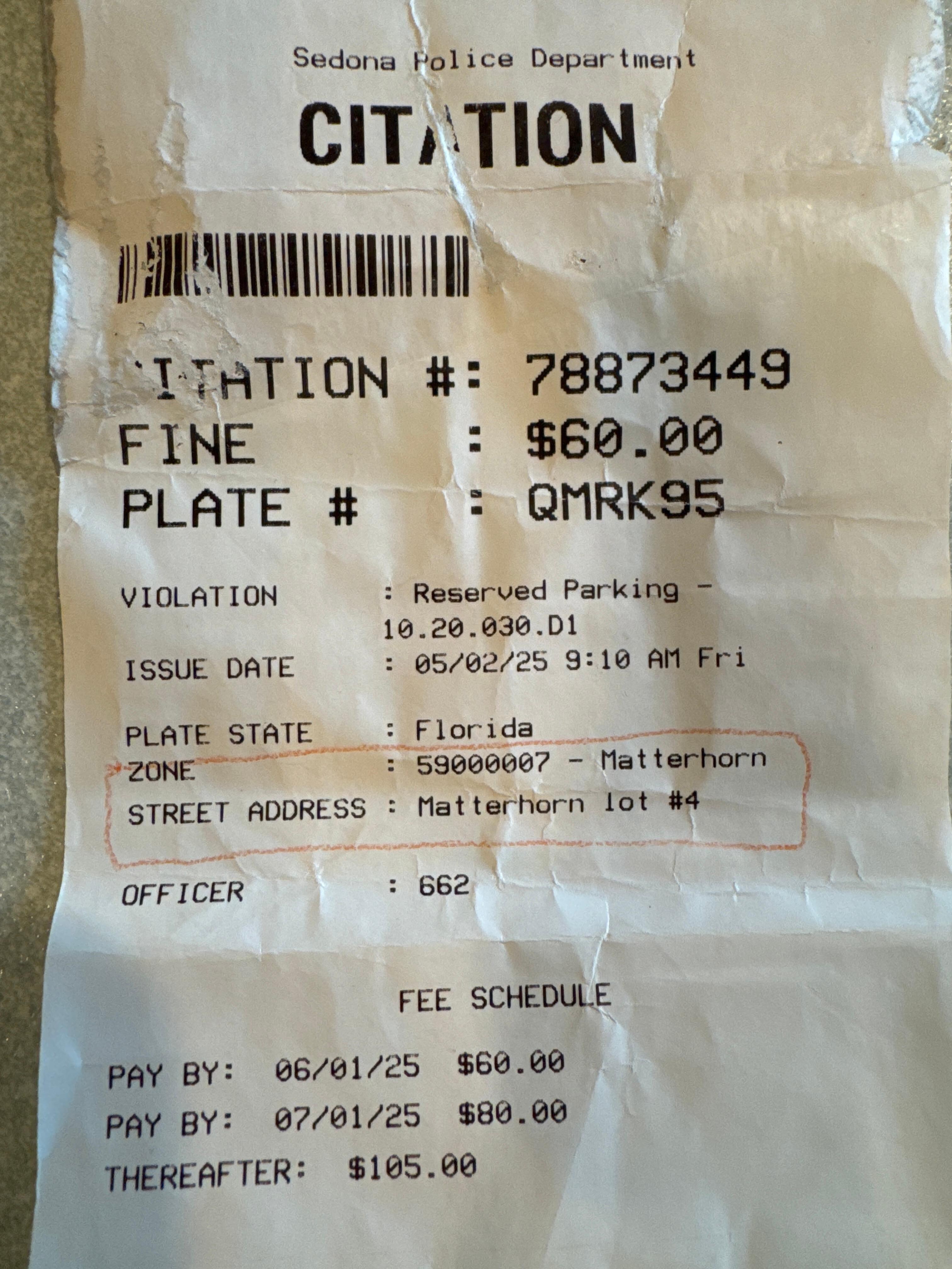 $60 Fine for parking at the Matterhorn assigned parking 
