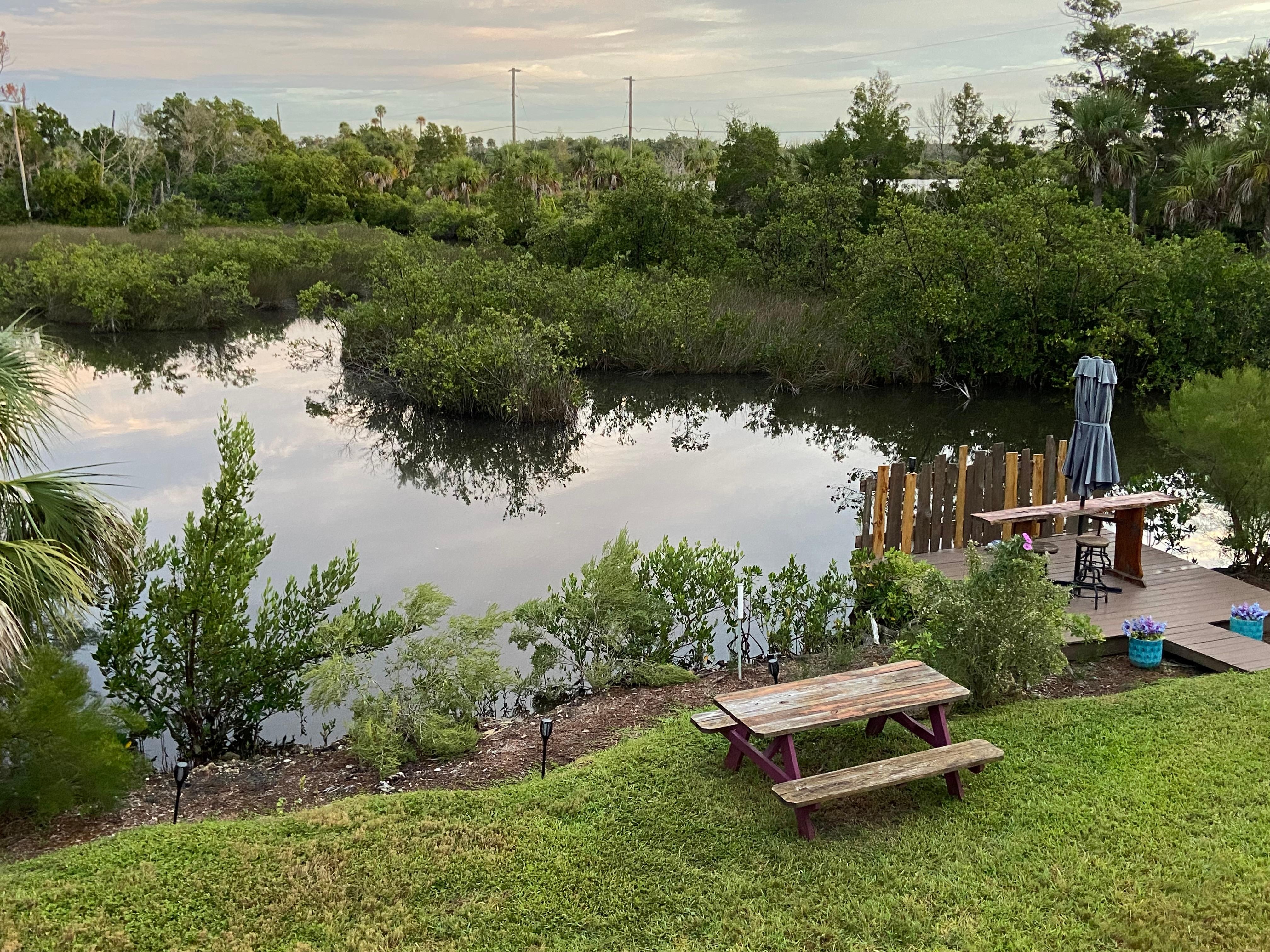 View of backyard from deck. 