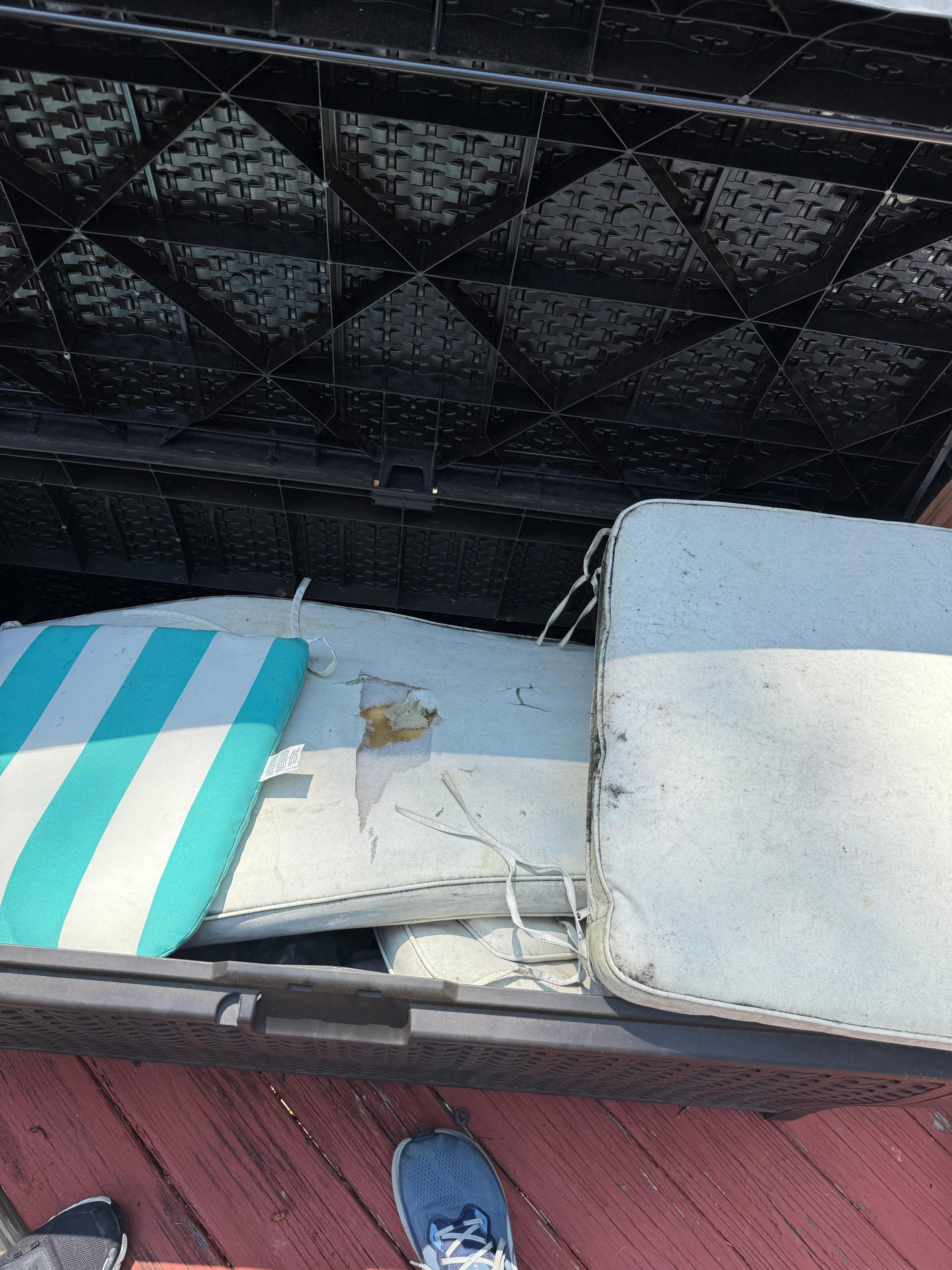 Patio furniture cushions moldy and torn. Wood furniture old and pealing