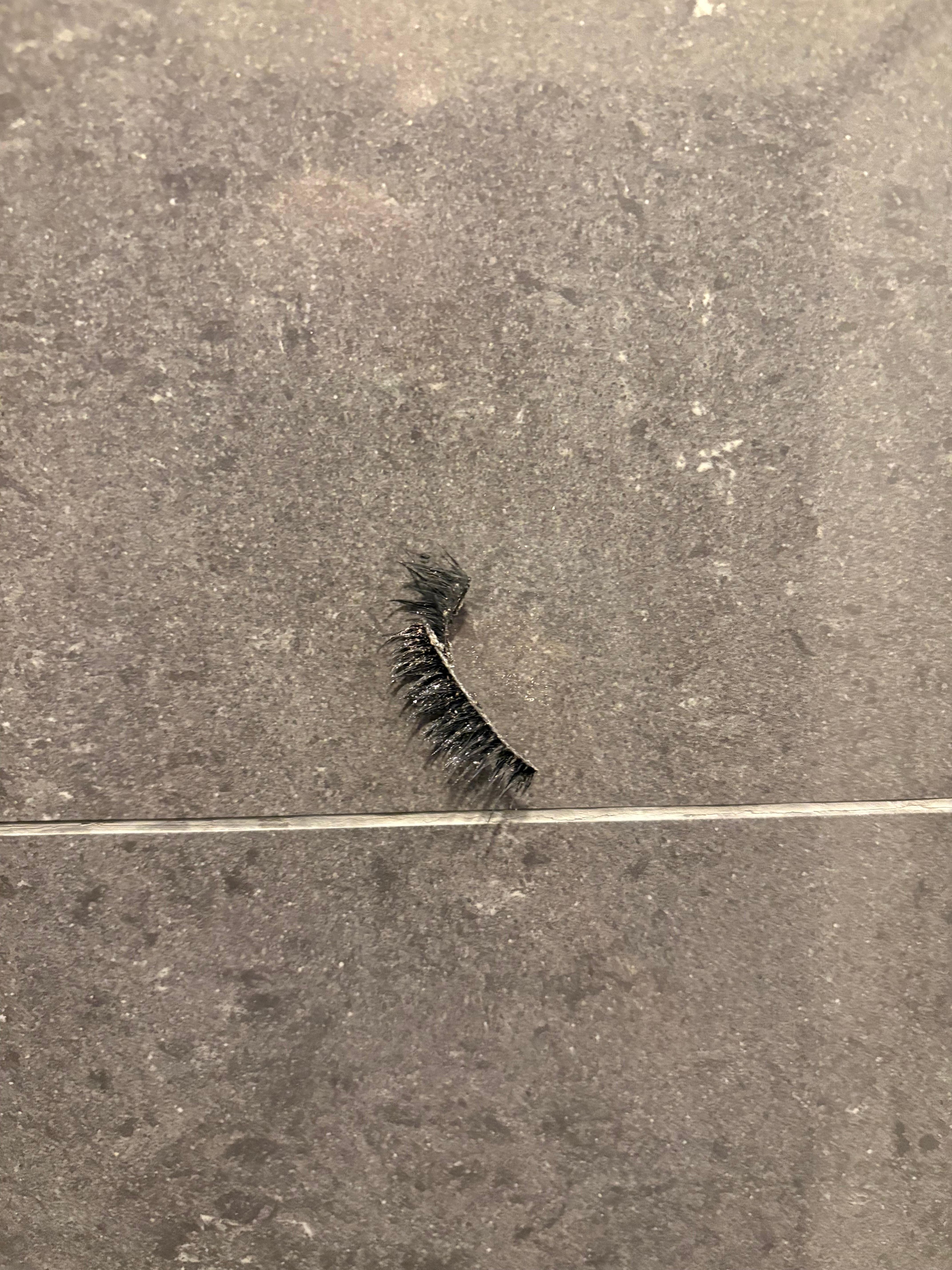 Used eyelashes stuck to the shower wall