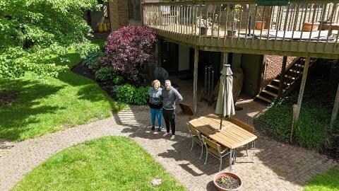 Drone's view of lower level patio for use by guests. Fished at the end of the back yard (fishing poles provided)
