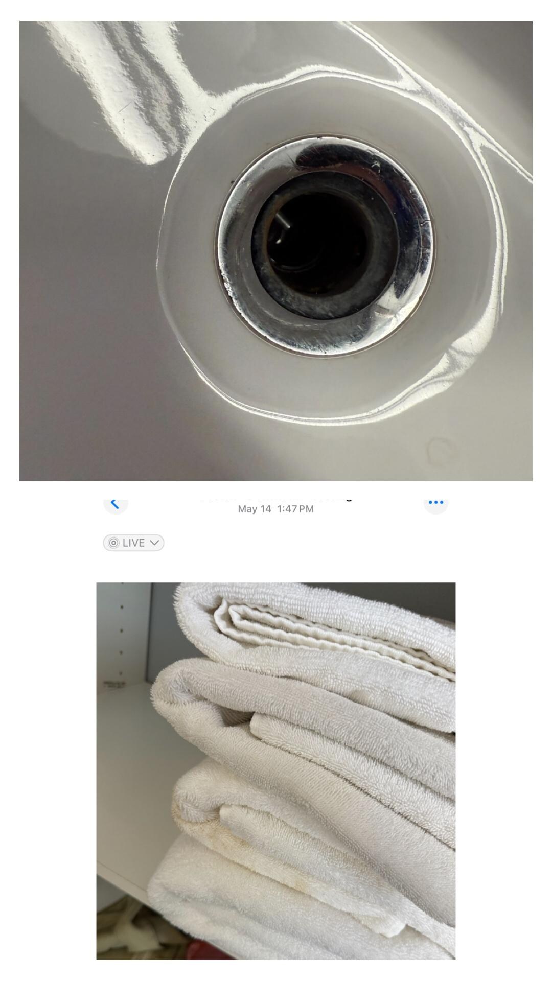 Sink with no catcher and stained towel