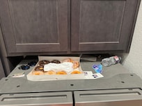 Old, hard donuts and trash on top of fridge