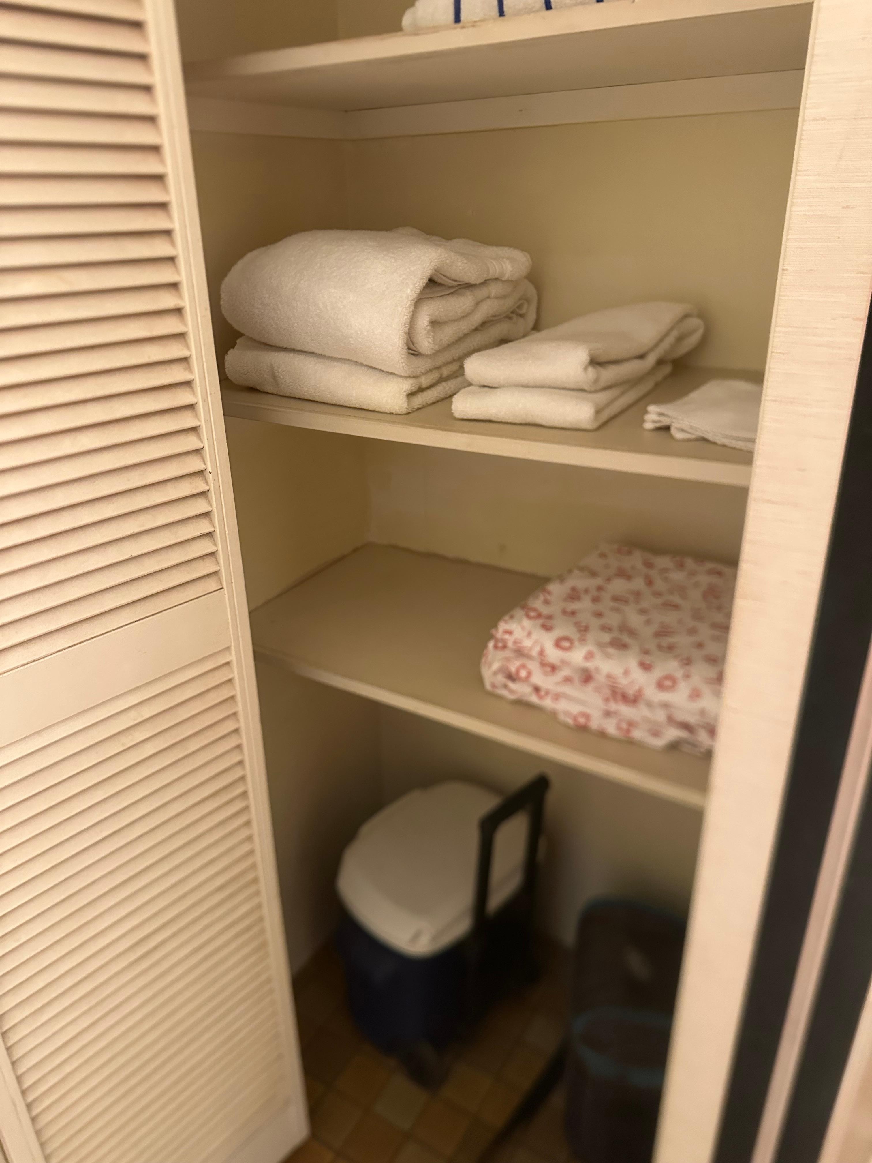 Linen closet with soft fluffy towels, sheets for pull out couch, and coolers for the beach or day trips. Ice packs are in the freezer. 