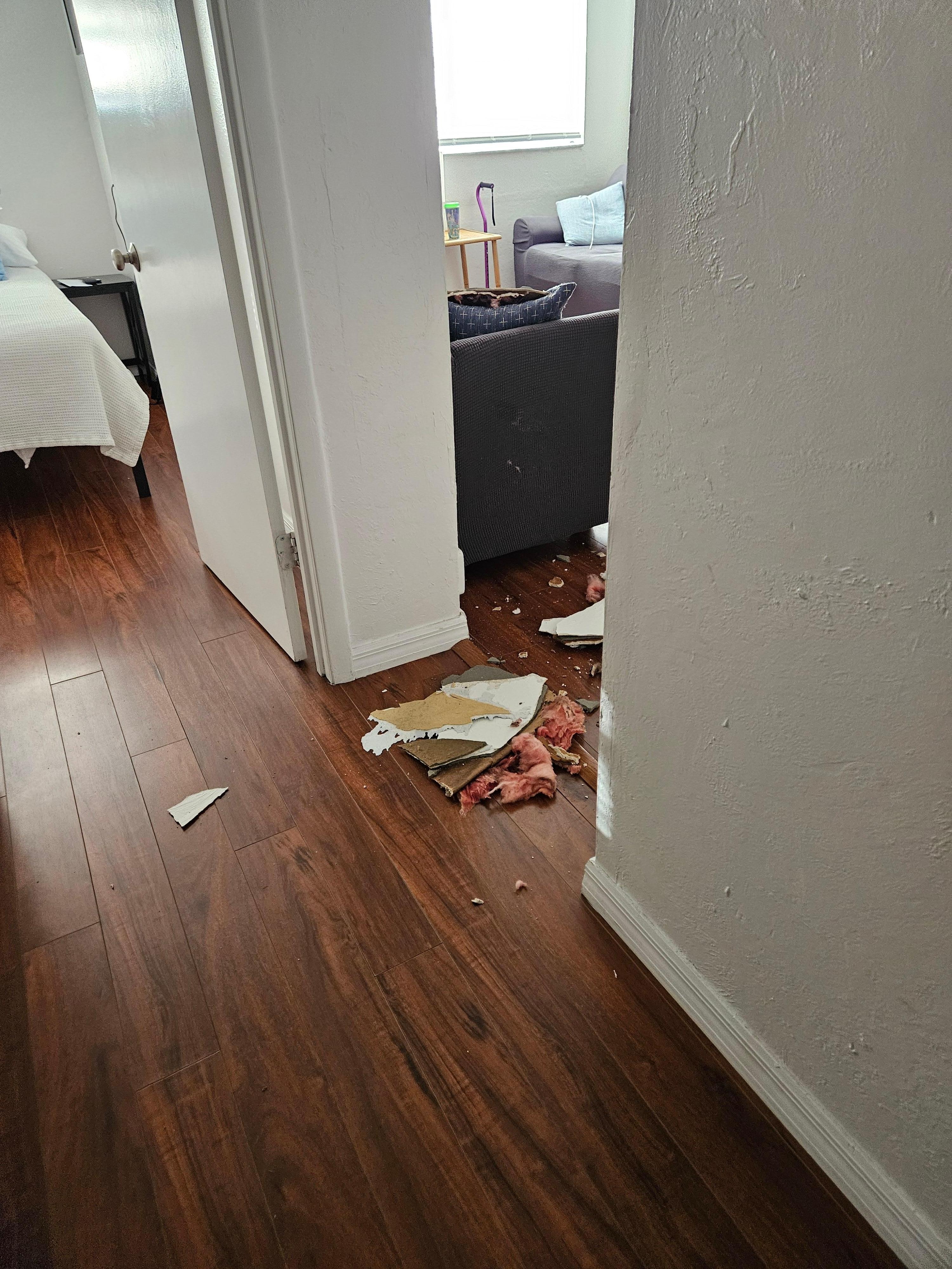 1st morning the sound if the ceiling collapsing scard  me to death!  This is the hallway between 2 if the 3 bedrooms and the entry to the living room
