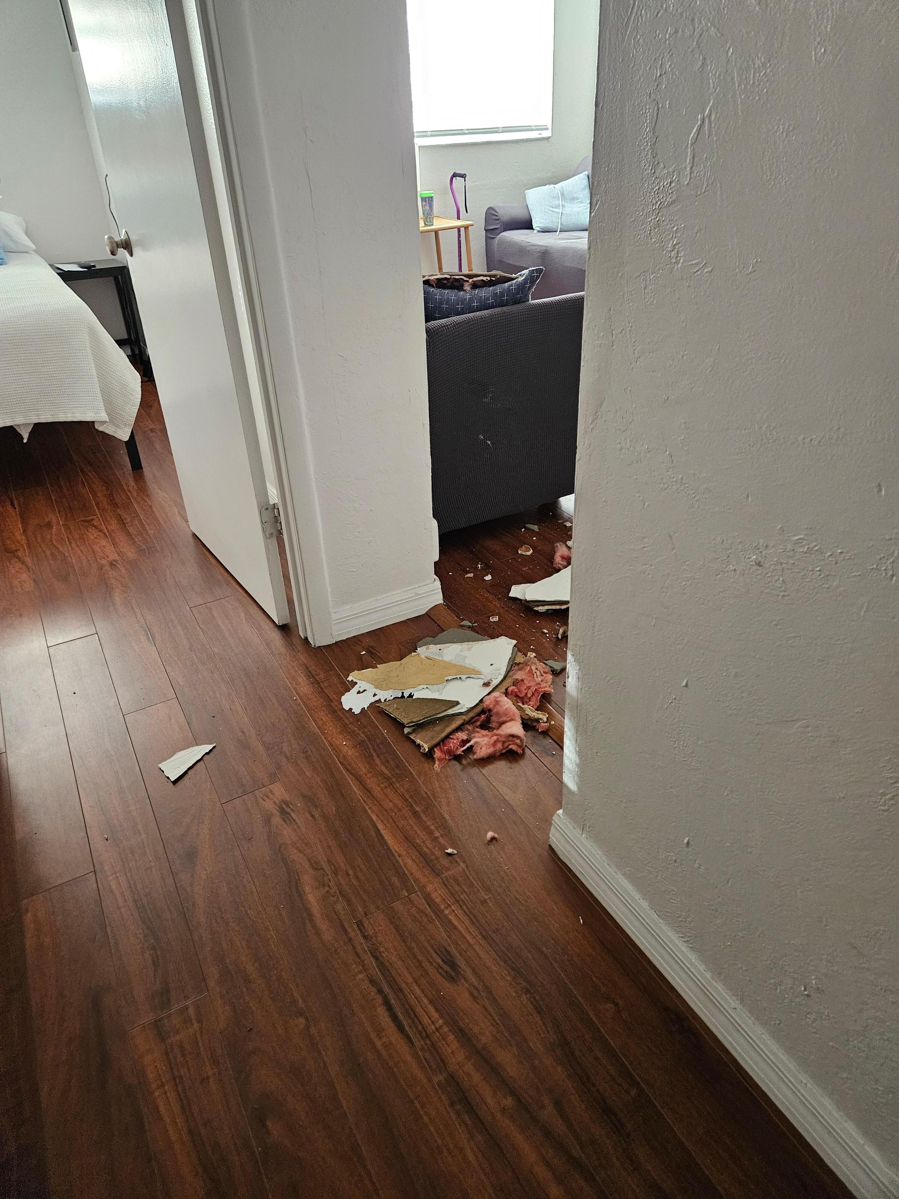 1st morning the sound if the ceiling collapsing scard me to death! This is the hallway between 2 if the 3 bedrooms and the entry to the living room