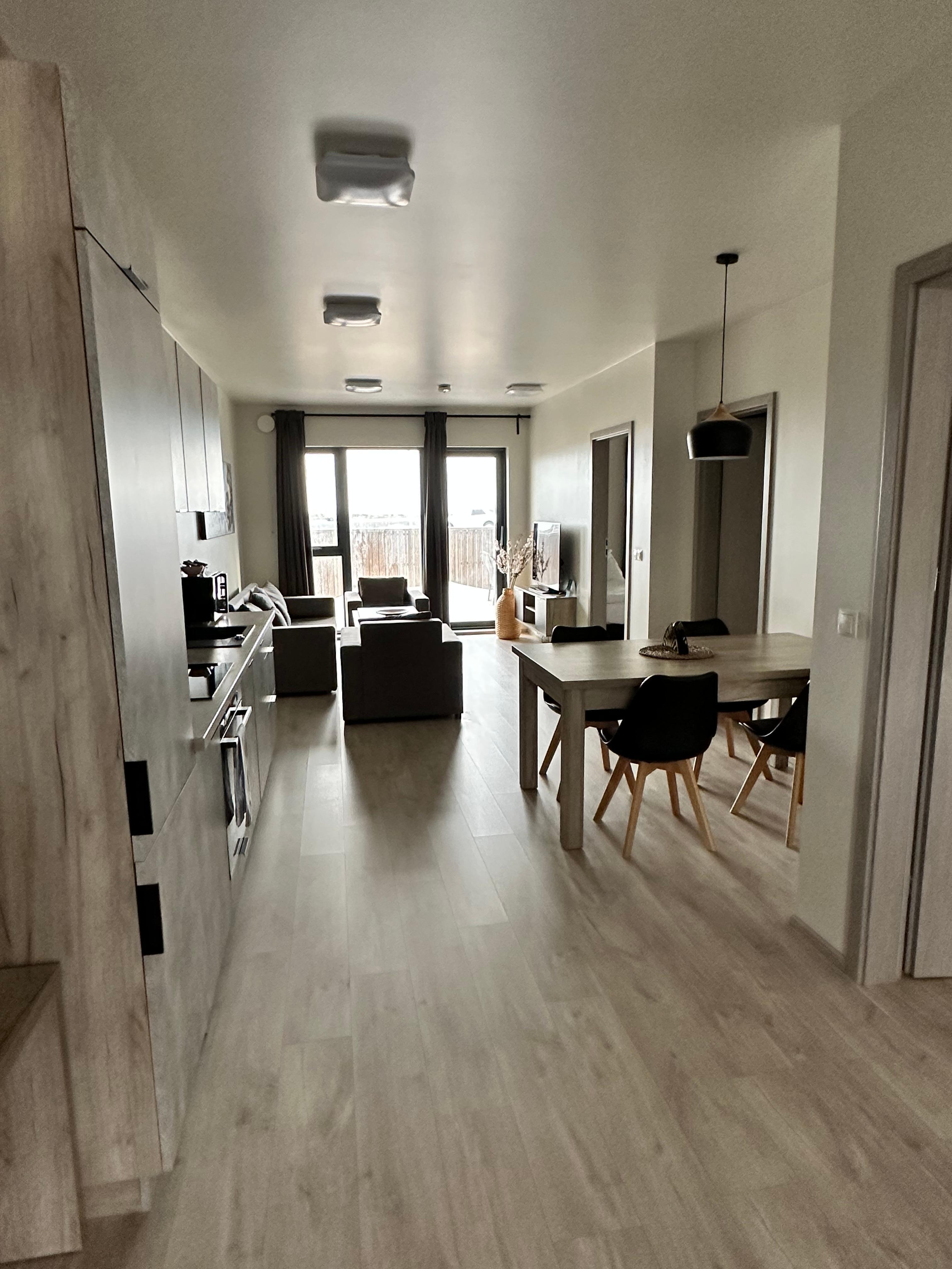 Beautifully decorated kitchen and living room. 