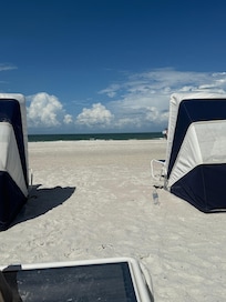 View from beach (chairs, cabana, beach towels and cold water included)