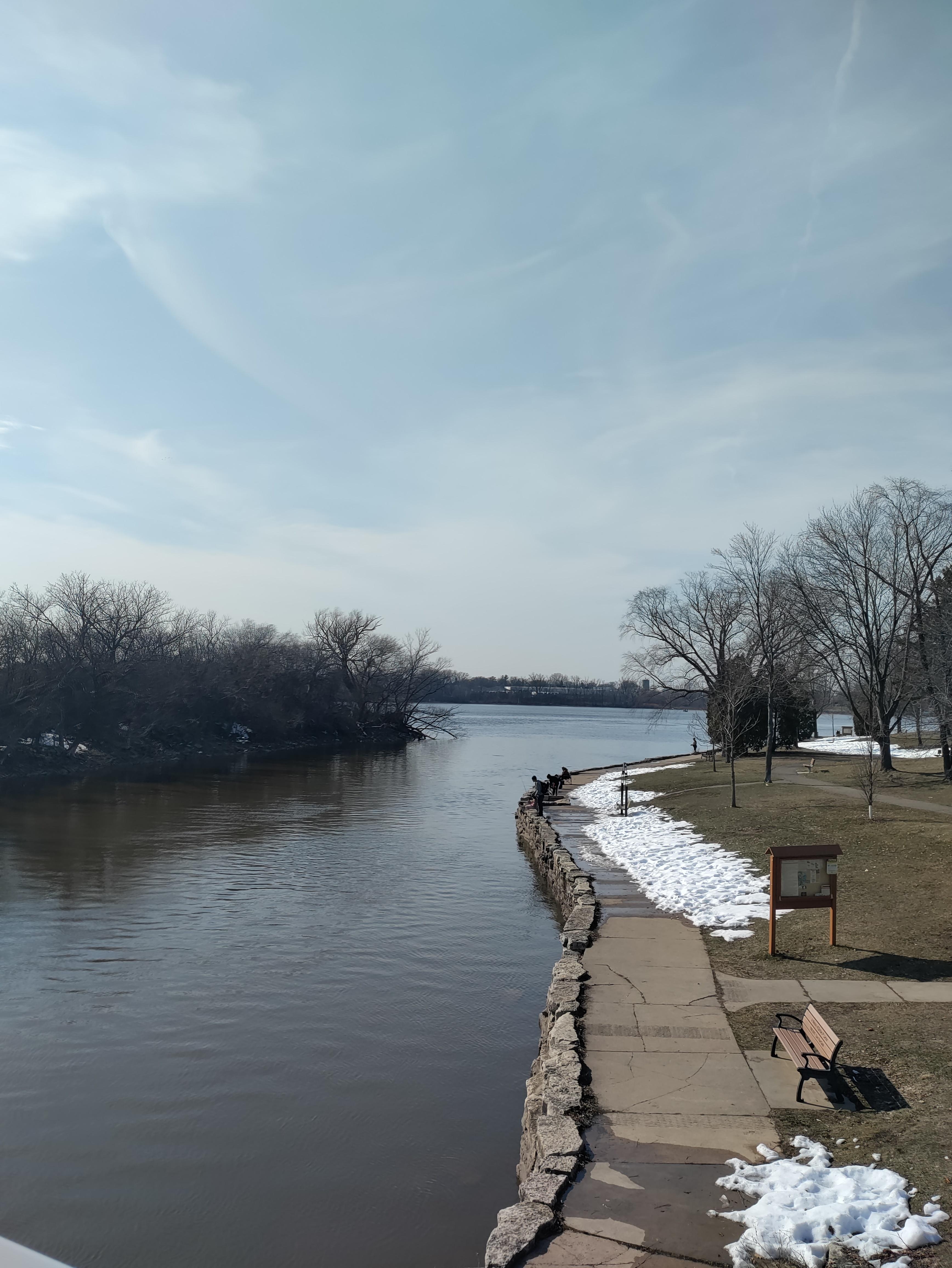 Looking down river, lock output.