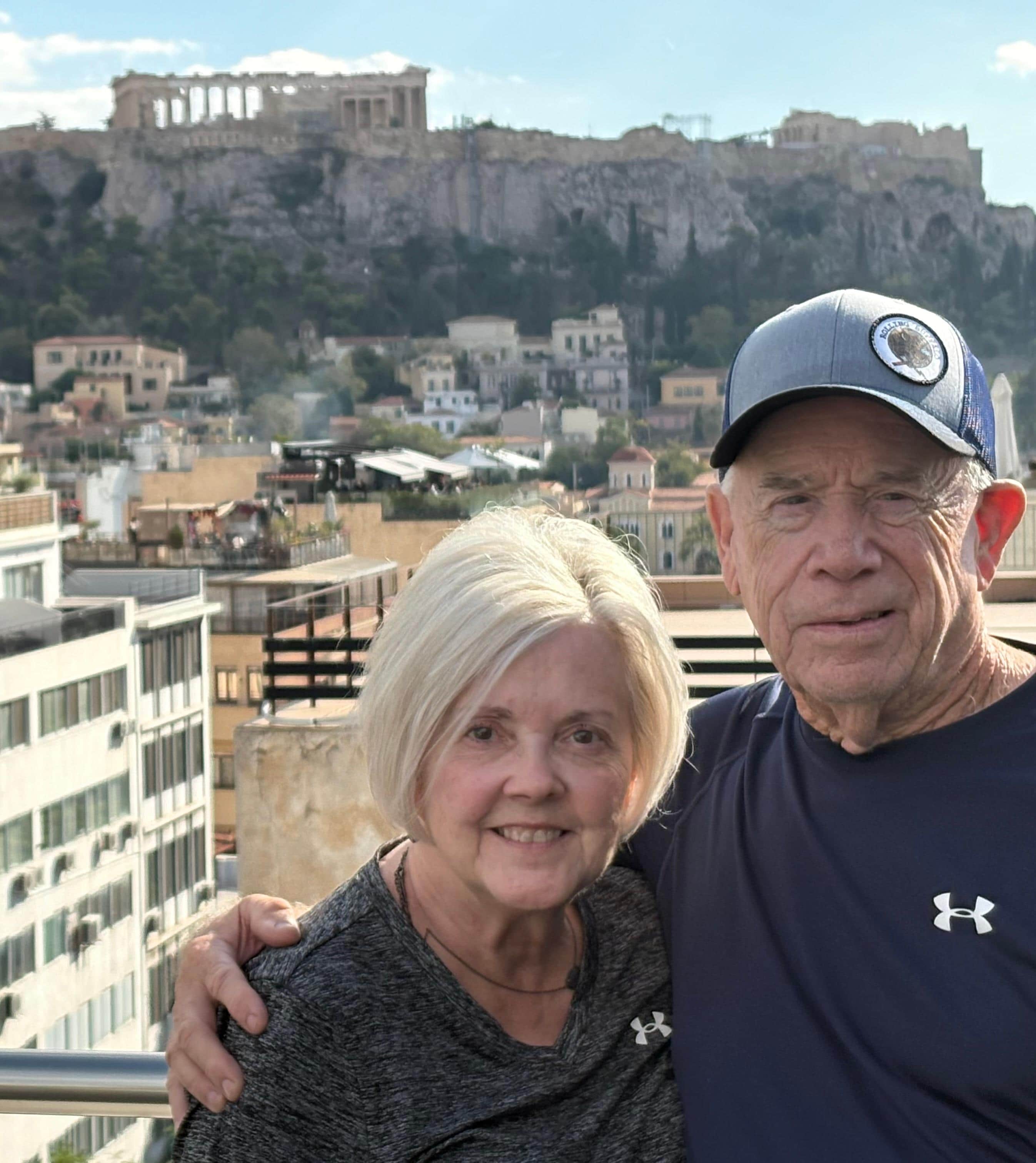 View of the Acropolis from the roof top bar of The Attalos Hotel in Athens, Greece.
