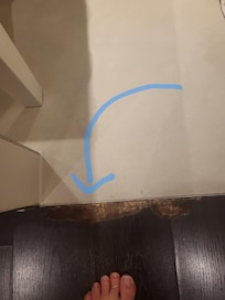 at the edge of the bathroom floor not real wood.. just 1 example of many