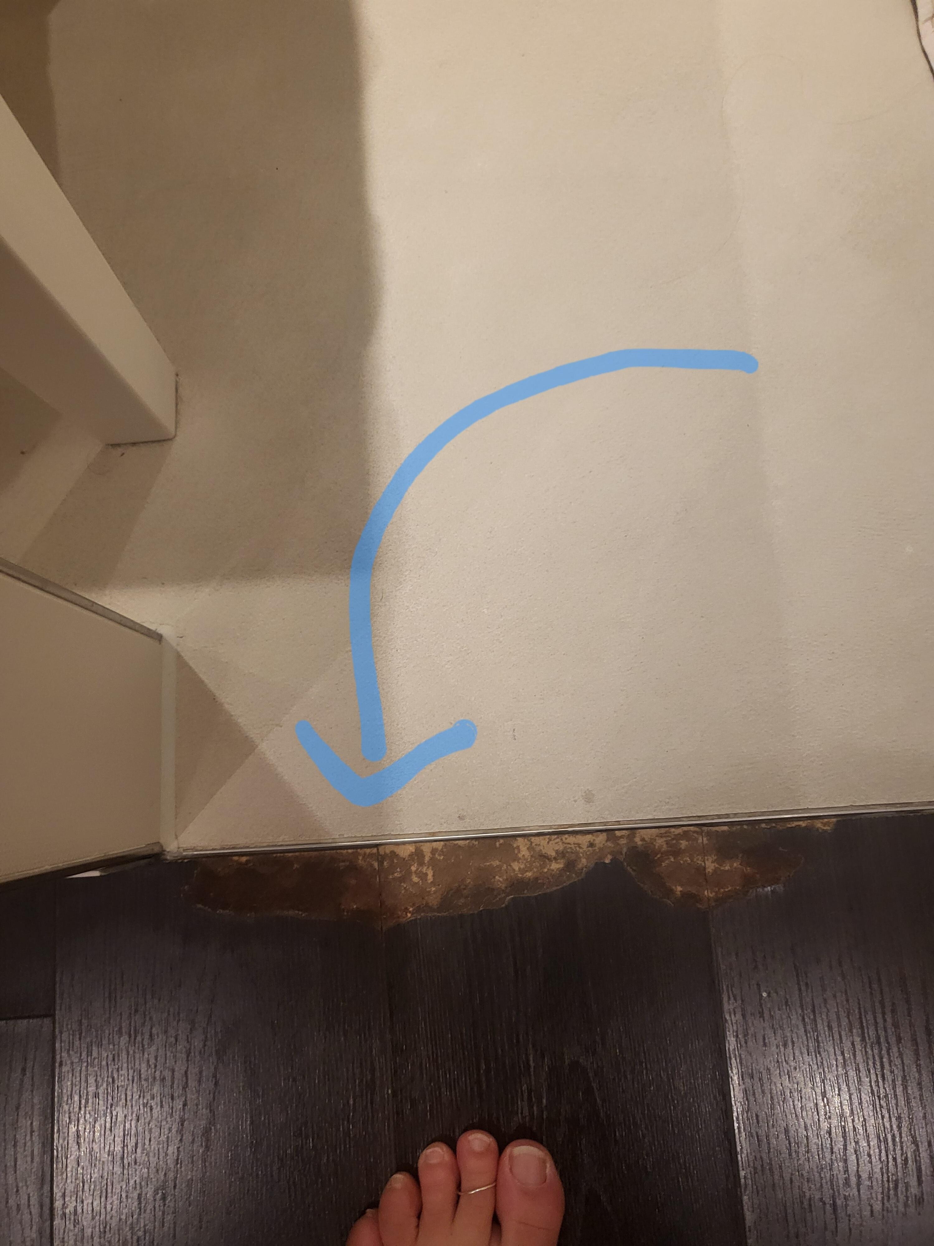 at the edge of the bathroom floor not real wood.. just 1 example of many