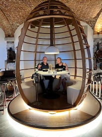 Unique seating in Last Hall restaurant.