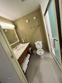 Pretty bathroom with large shower.