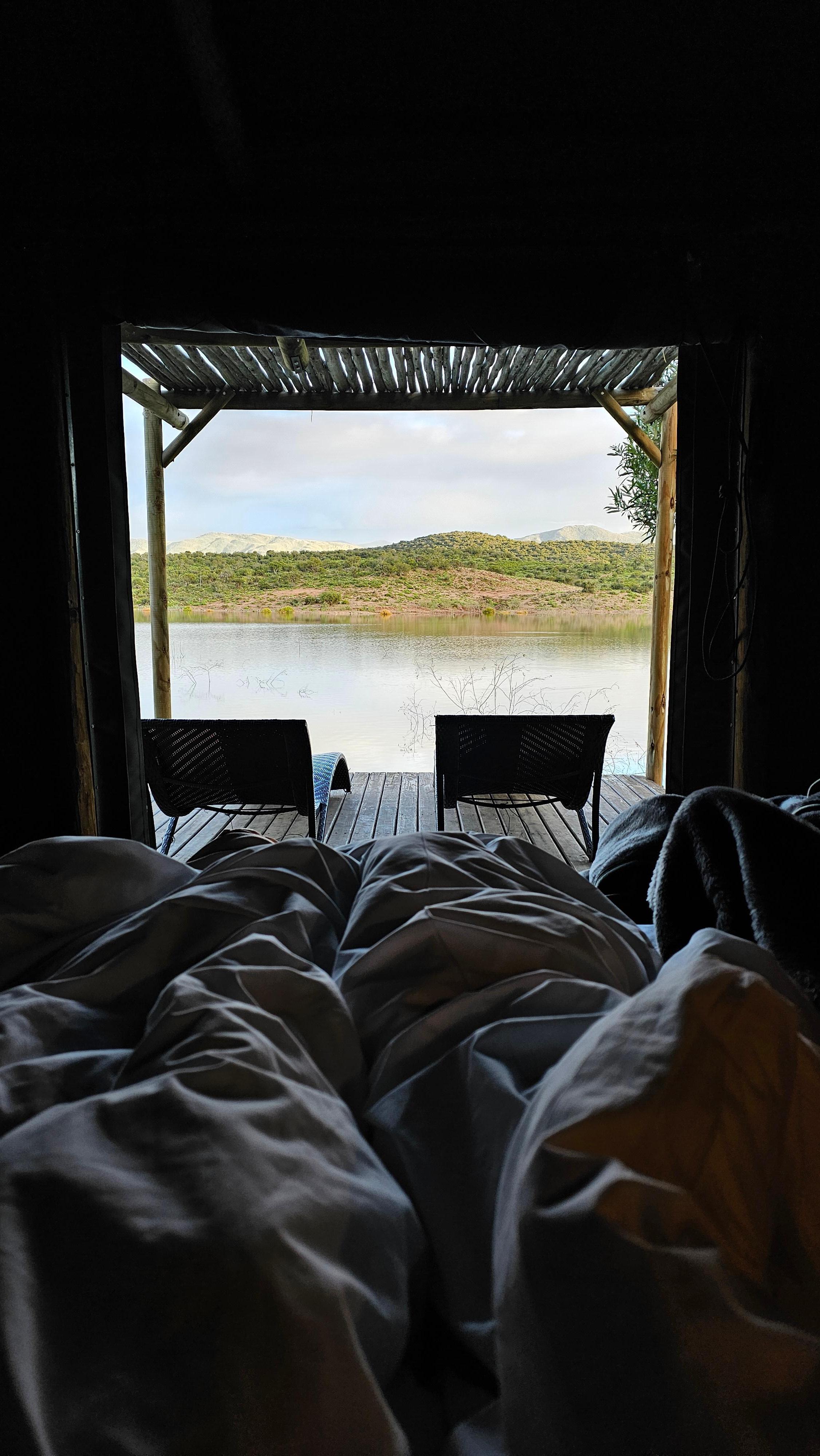 Bed view to the dam in the morning 