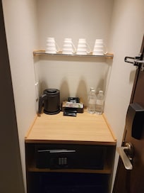 Mini fridge and coffee