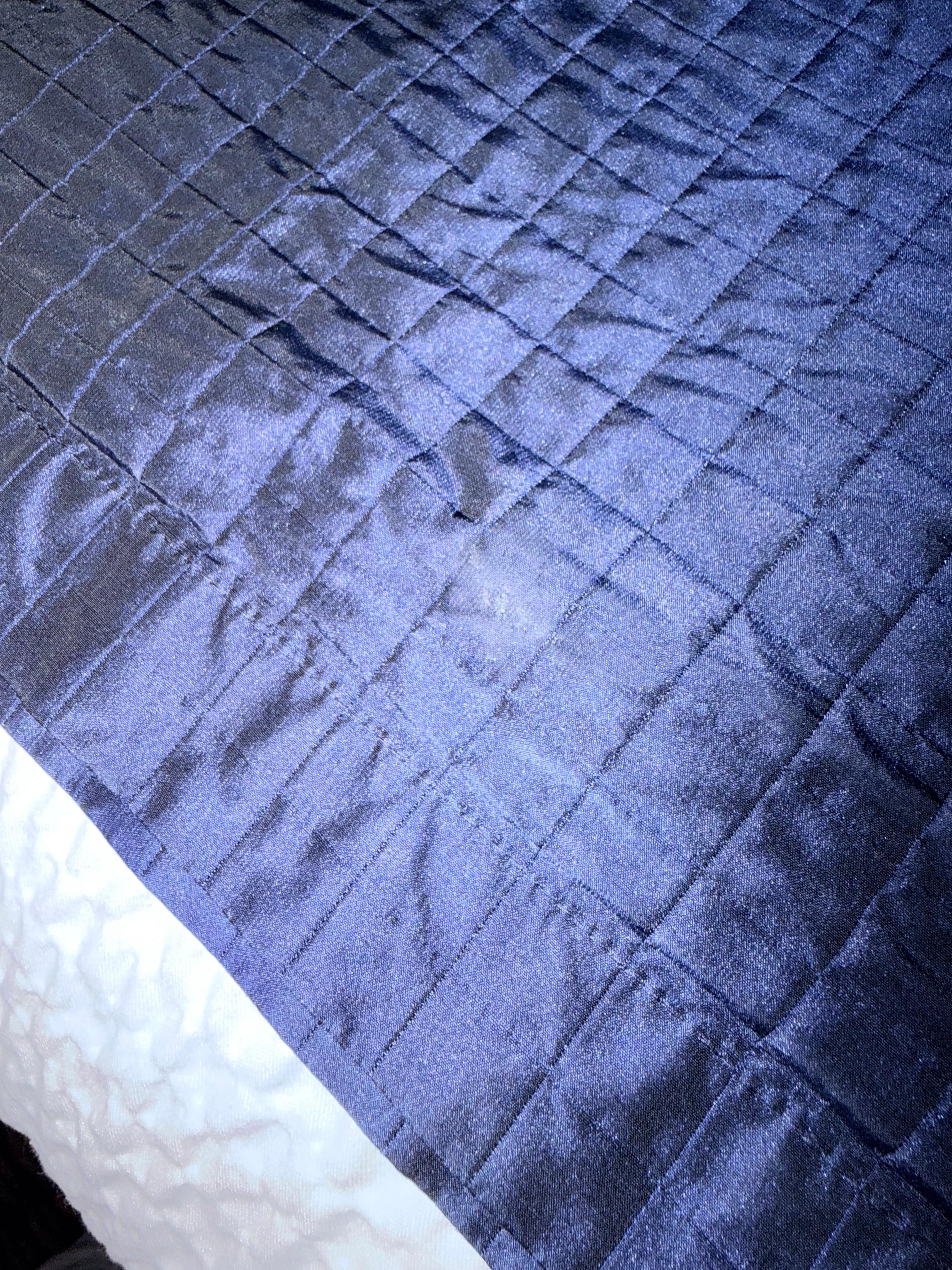 Dirty bedding with suspicious white stains. 