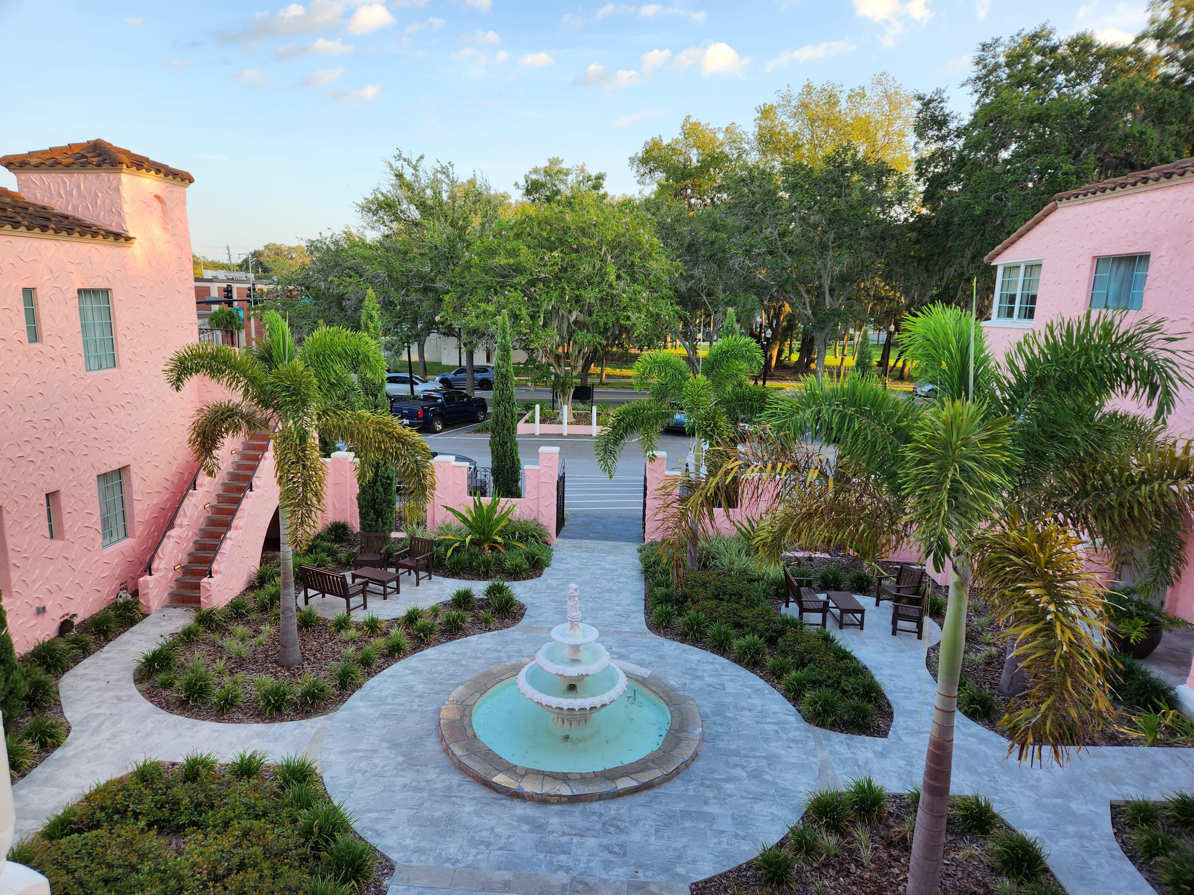 The courtyard on the south entrance. Parks to your right and food & drink to your left. 