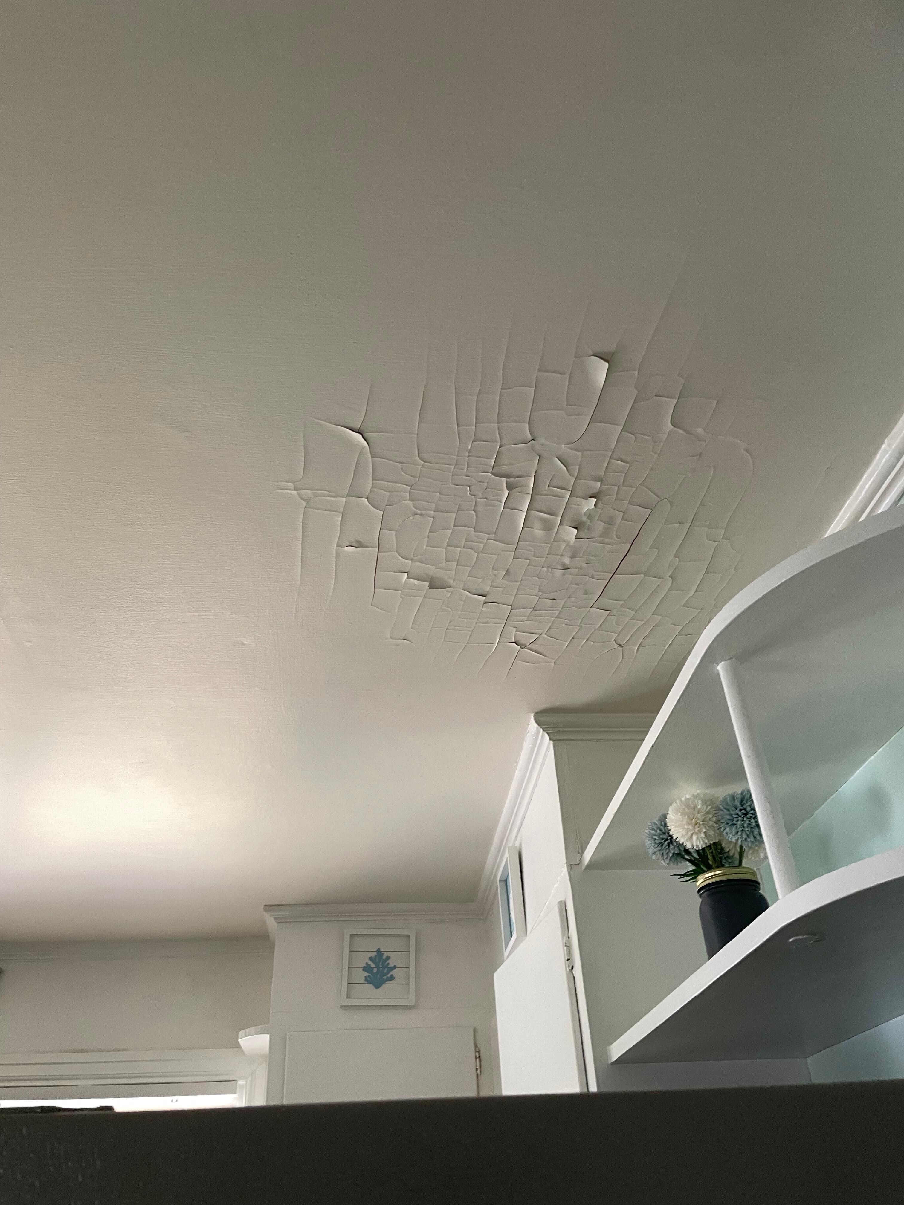 Water stains on the ceiling on the kitchen and dinning room ceiling. 