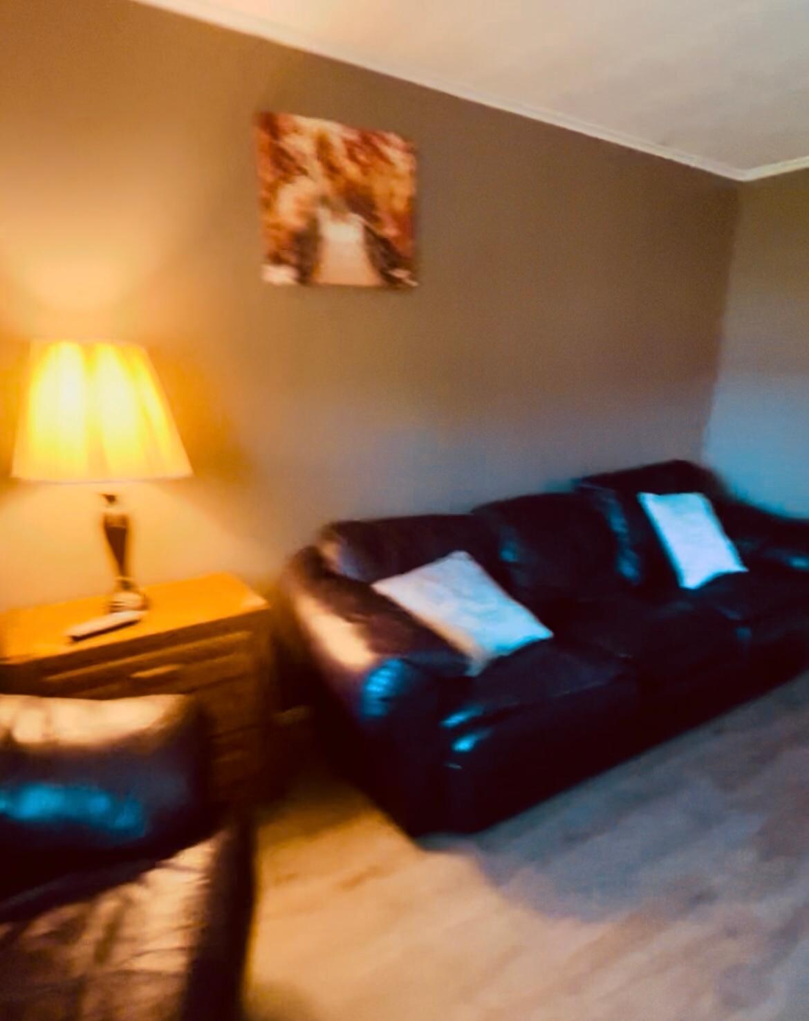 Deluxe room - Living Room (couch, chair, end table w/drawers, dining area w/2 chairs, storage chest w/linen, blanket, pillows) 