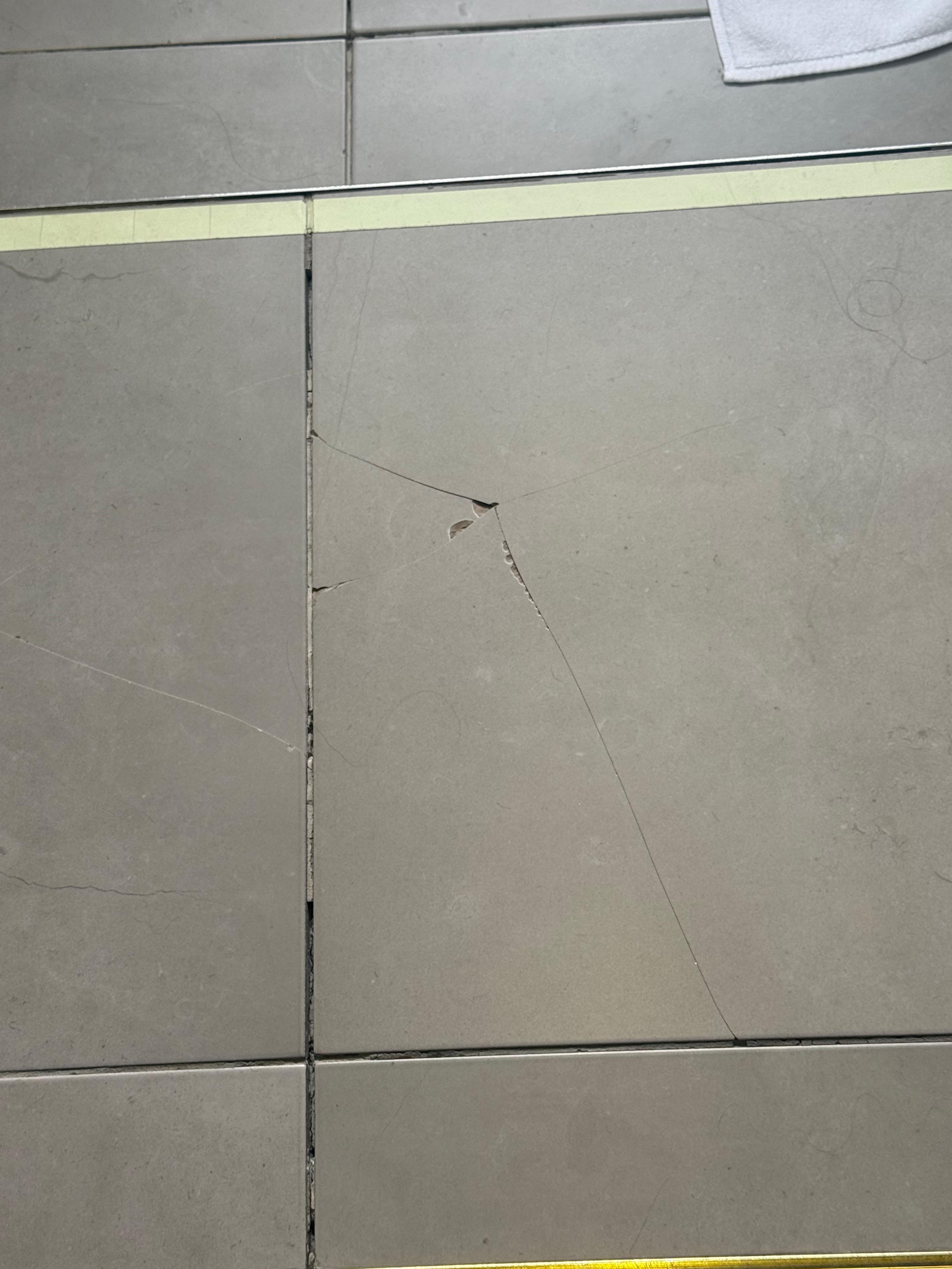 Broken tile on step to bathroom