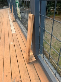 The owner installed a buttress in attempt to “hold” the guardrail in place. But it’s a total hack and absolutely useless. The guardrail wobbles significantly. I wish I could upload my video. BEWARE.