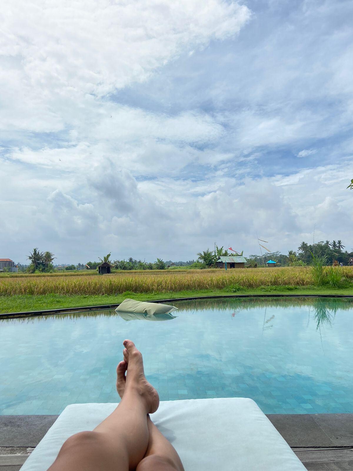 Piscina muito boa com vista pro campo de arroz