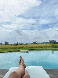 Piscina muito boa com vista pro campo de arroz