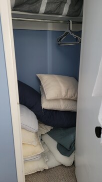 Each closet had pillows, blankets etc just piled or thrown on the floor. Wished items were cleaned then stored in bags until used. Also, you are unable to use a closet that is used for storage. One closet has an empty food wrapper.