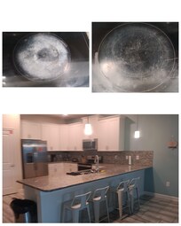 Floors, kitchen counter, and stove were covered with grass.