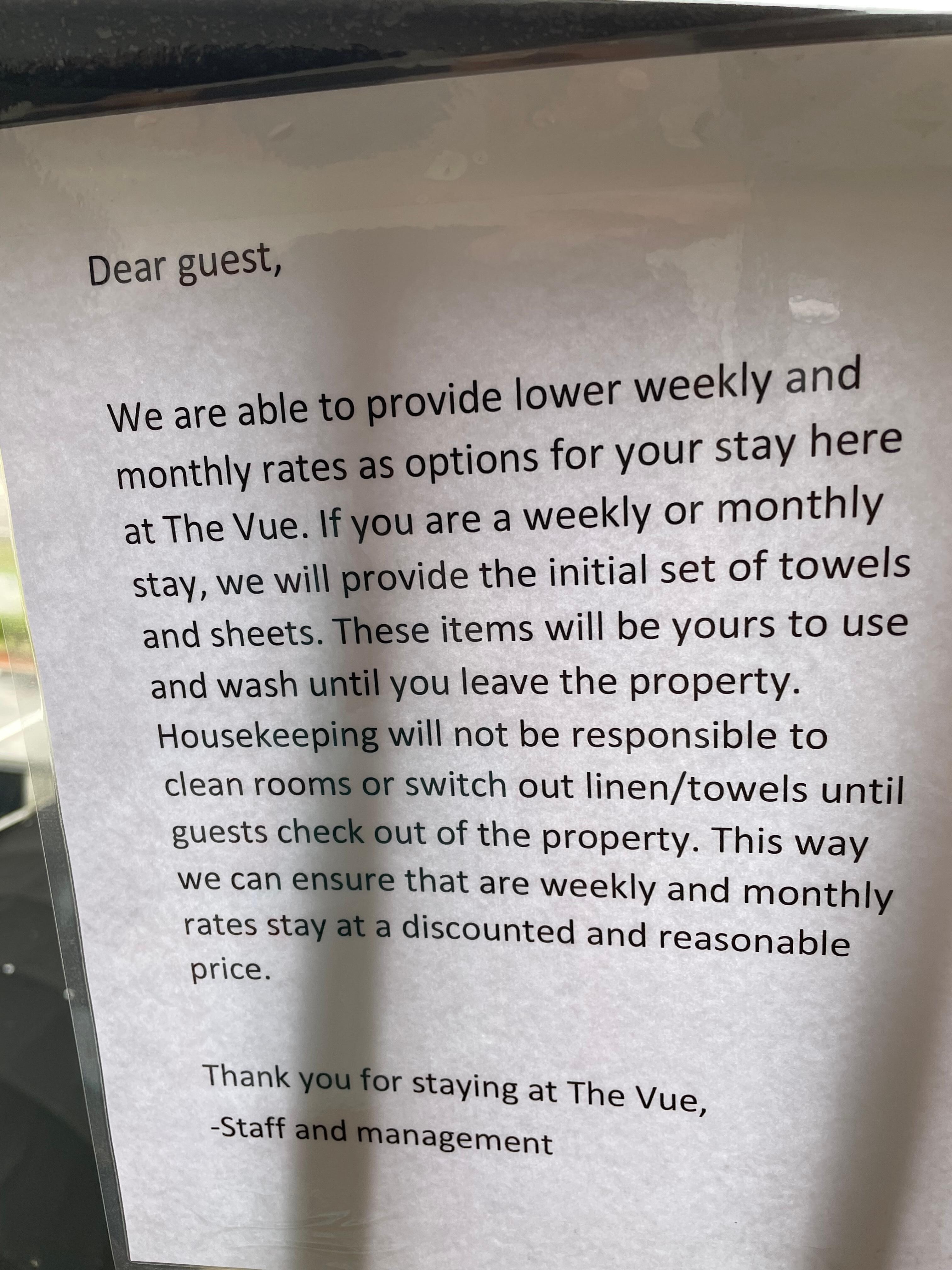 Lack of housekeeping serviced