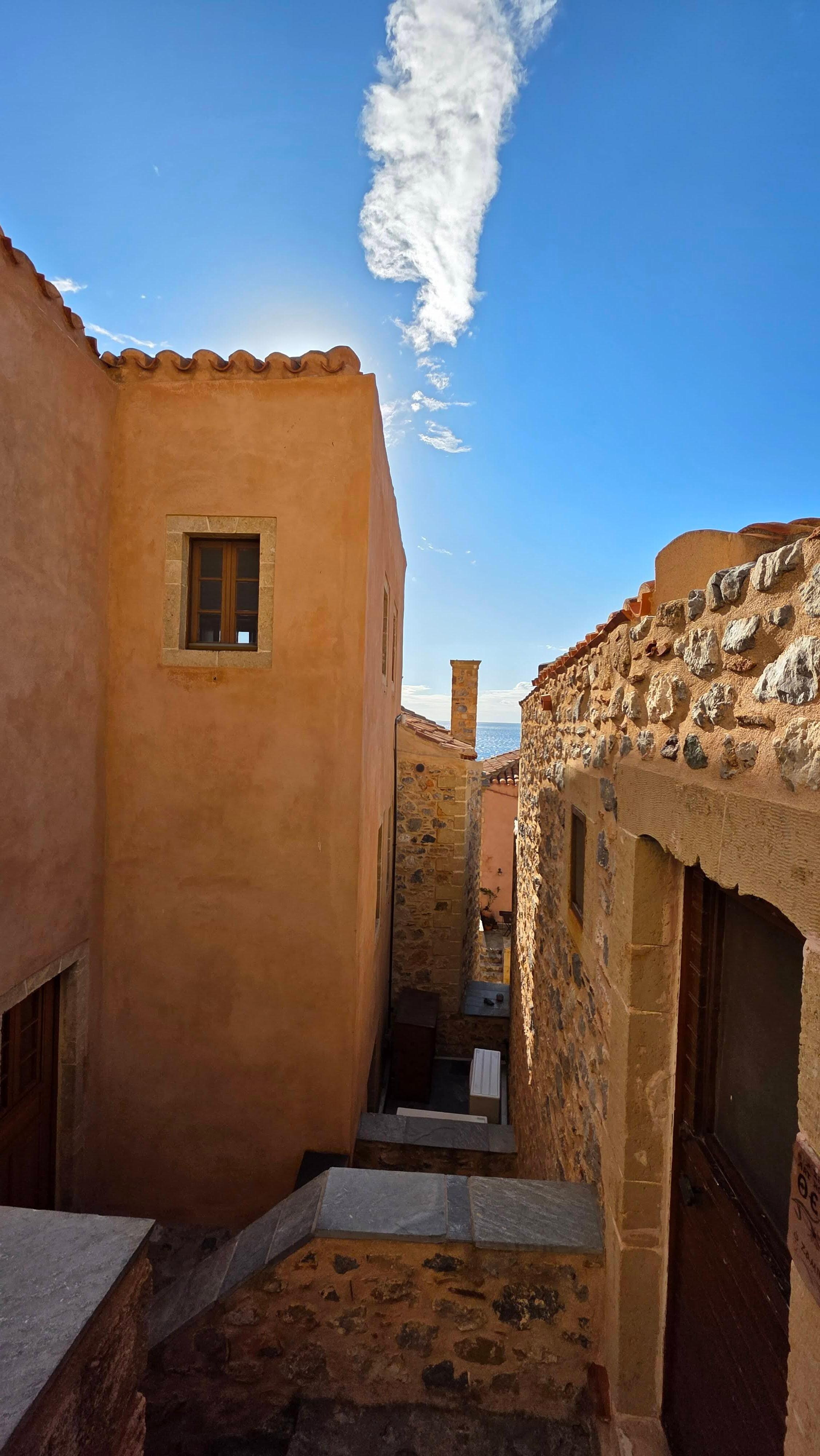 A view down the narrow winding steep streets