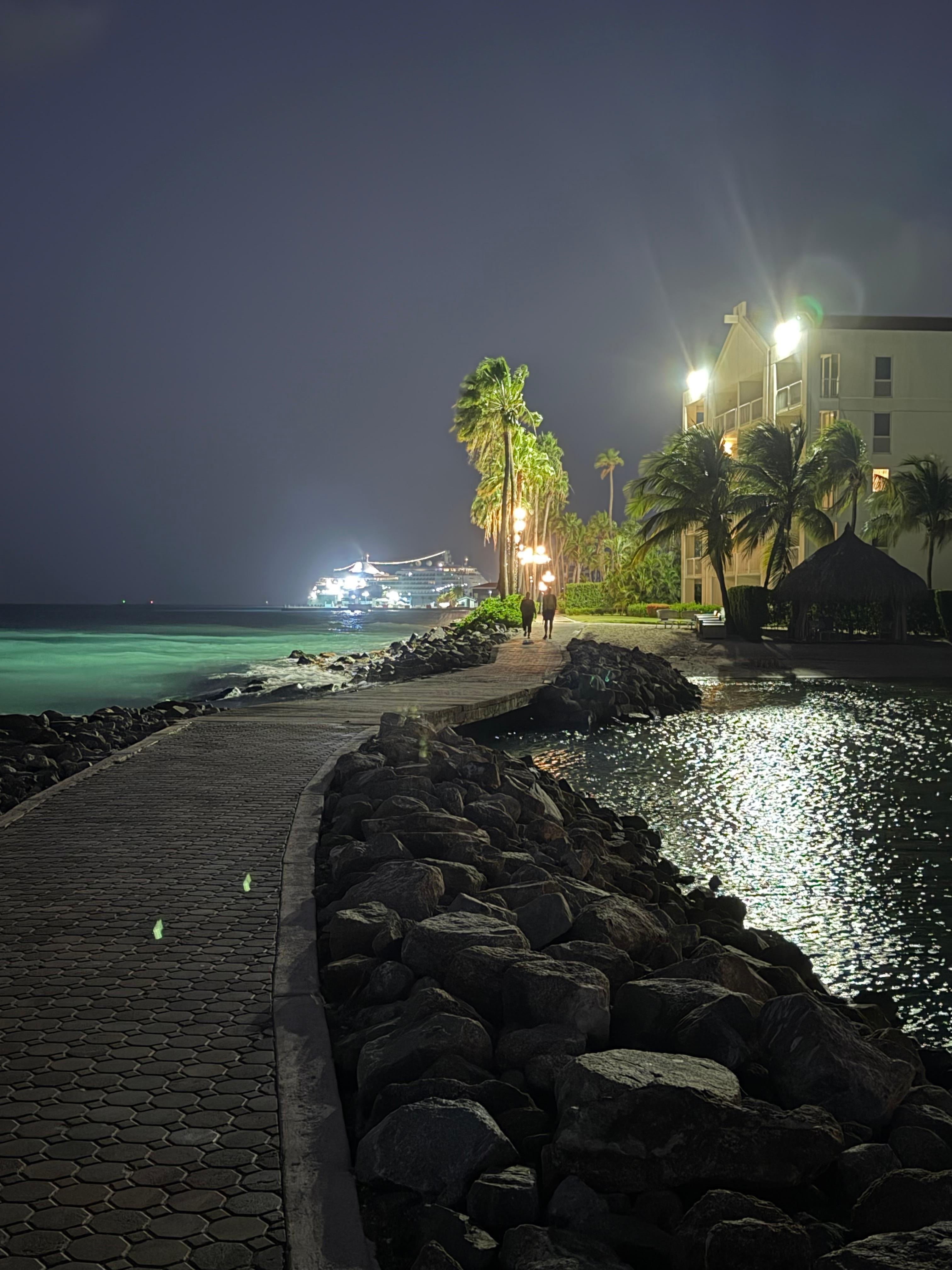 Night from boardwalk of oceanside resort